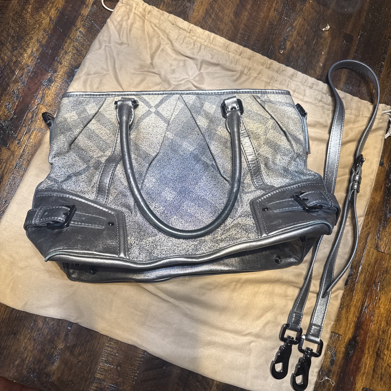 Authentic Burberry Haymarket Unique Silver Vintage Check Tote Shoulder Bag