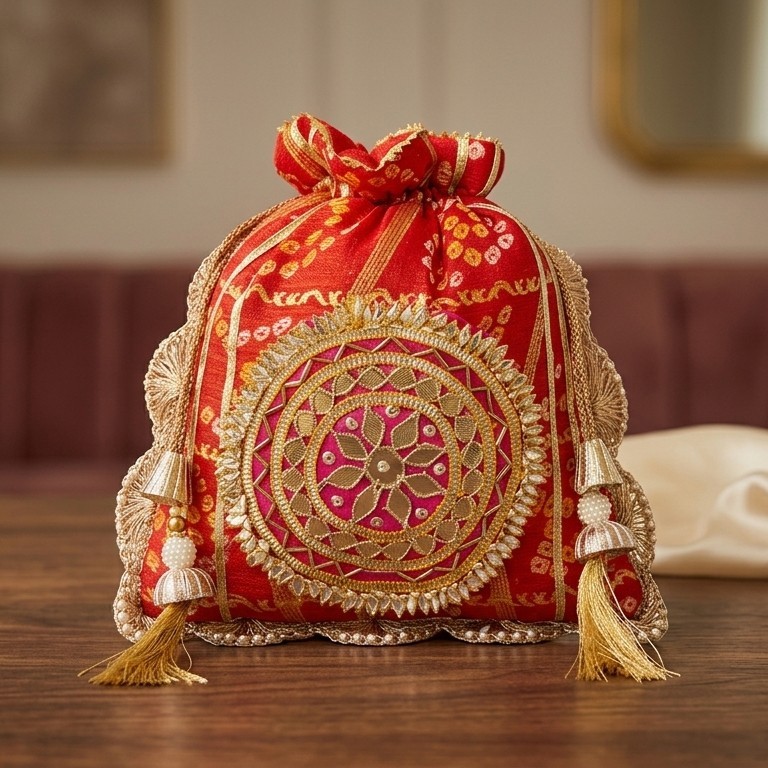 Indian Bhandej Red Gotta Handwork Flower with Pearl Lace and Handle Potli Bag