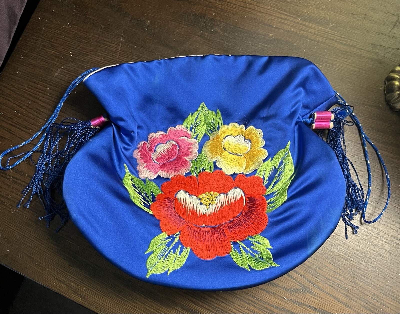 Vtg. Royal Blue Satin Korean Drawstring Bag W Tassels Preowned B53