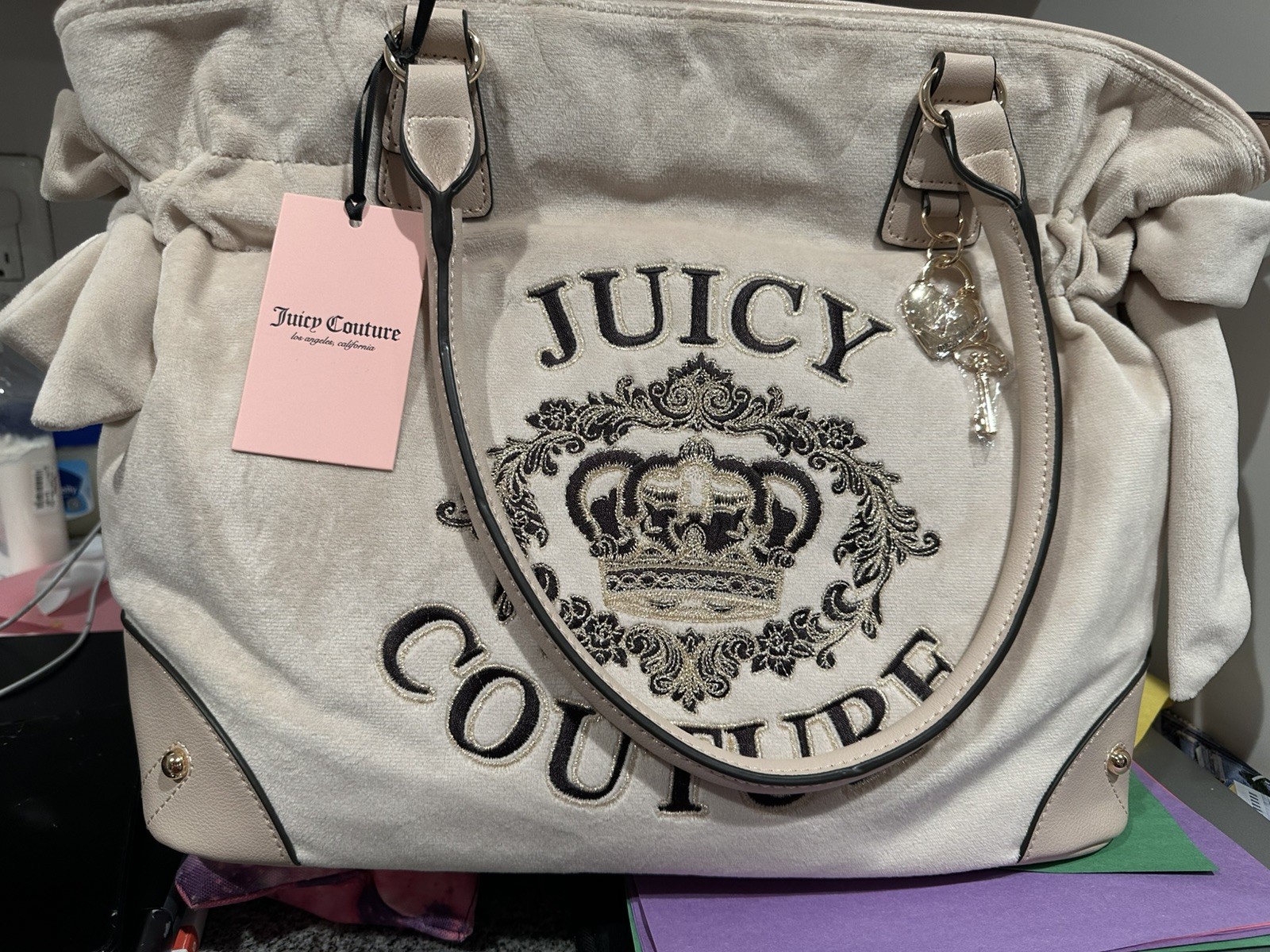 Juicy Couture Falling For Juicy Tote Bag Purse Velour Bows Soft White NEW