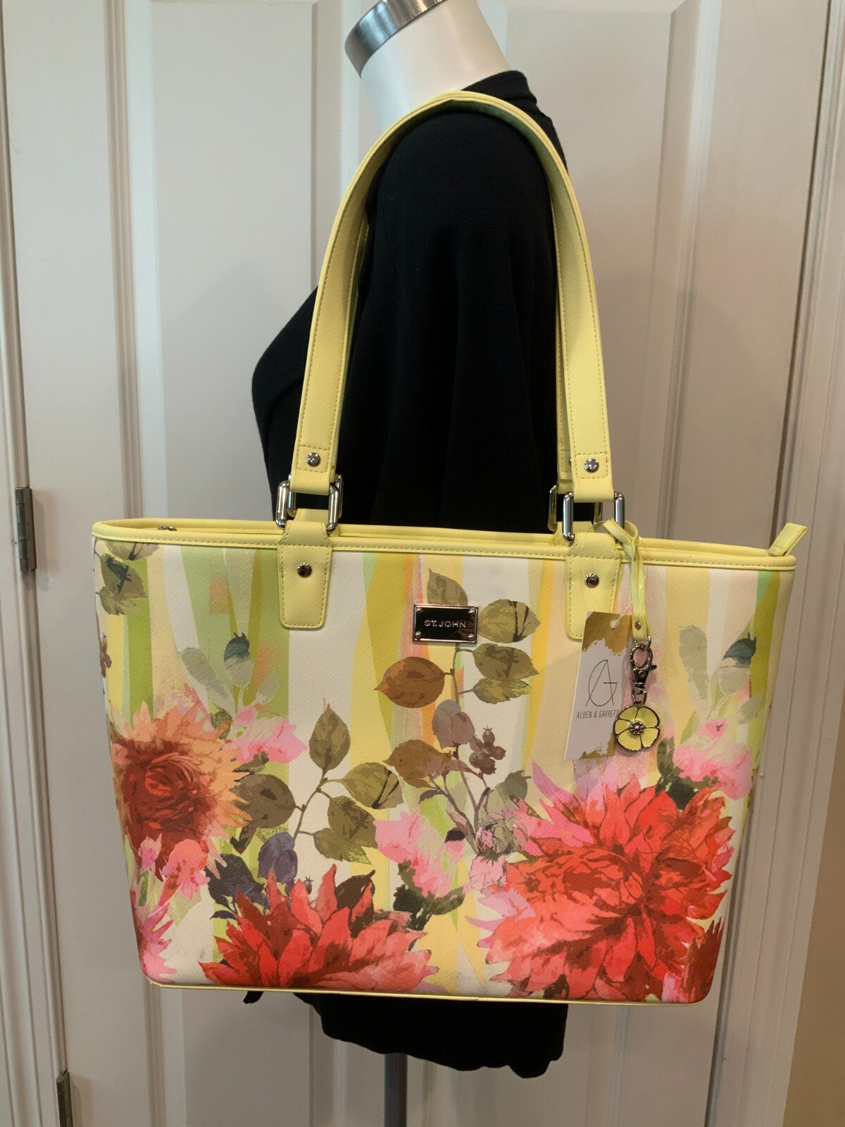 St. John Yellow & Pink Floral Print Leather Large Shoulder Tote Bag
