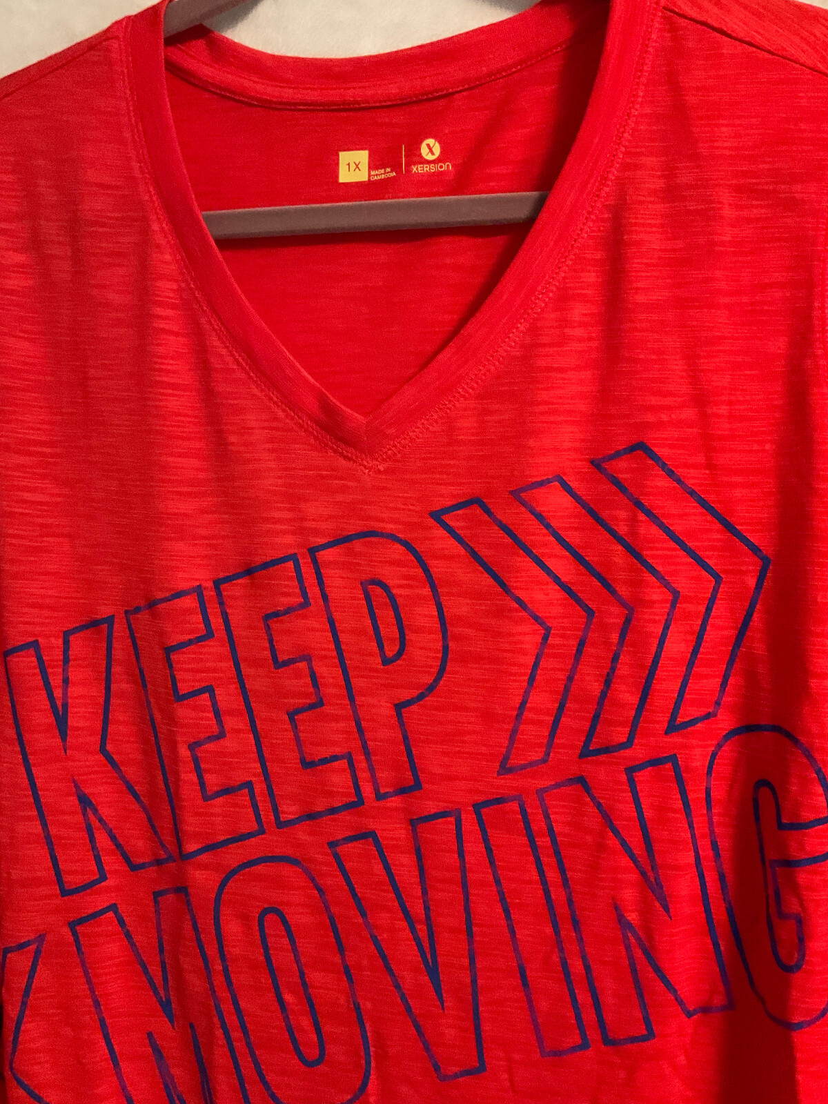 Xersion Plus Orange & Blue Multi Motivational Polyester Rayon Short Sleeve Top