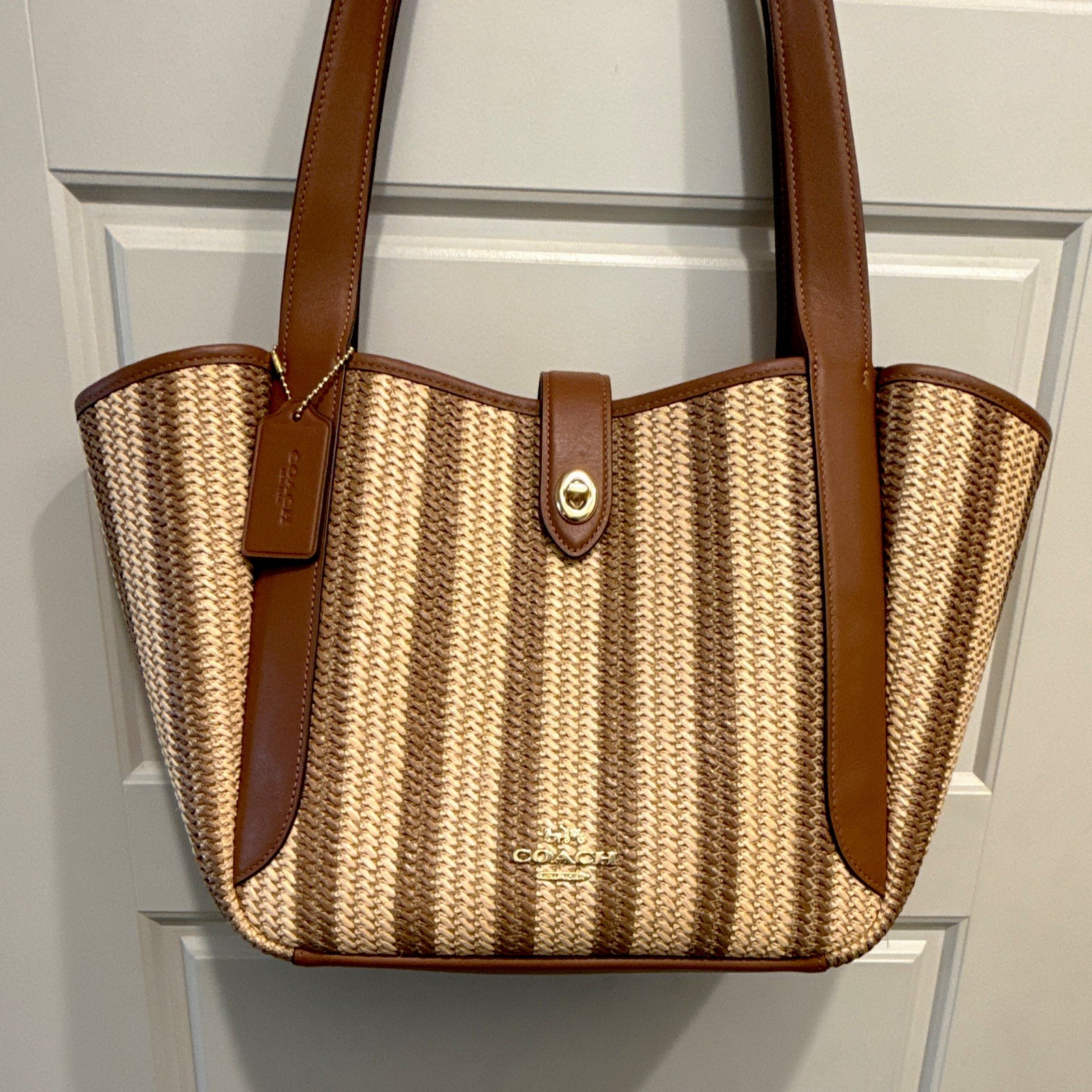 Coach Hadley Turnlock Tote, Striped Beige/Brown, Gold Hardware, Charm, Pockets