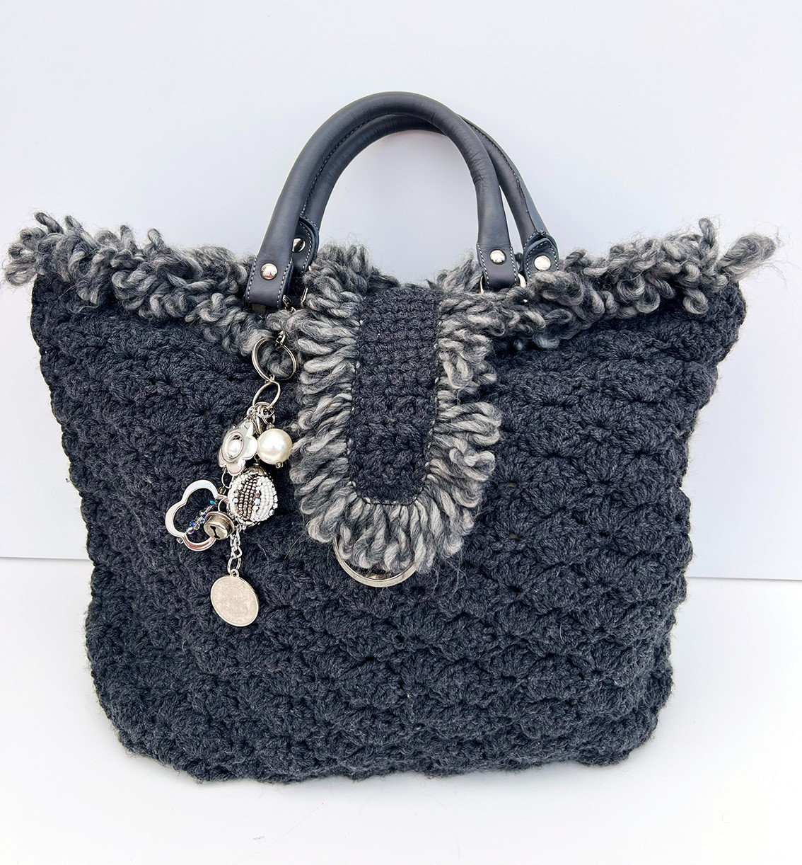 Chunky Knit Wool Cashmere Silk Tote Bag Italy Loro Piana Yarn Gray