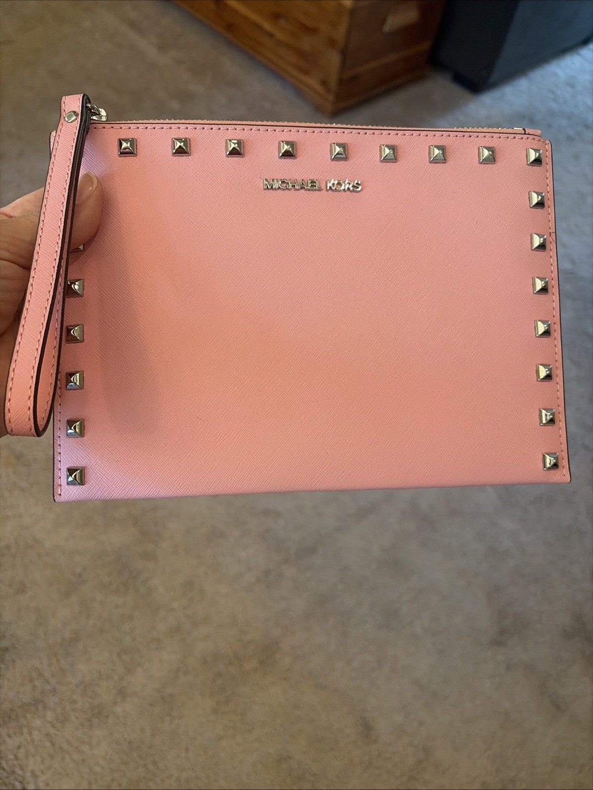 Michael Kors Jet Set Travel XL Zip Clutch Wristlet Leather Luggage Pink New