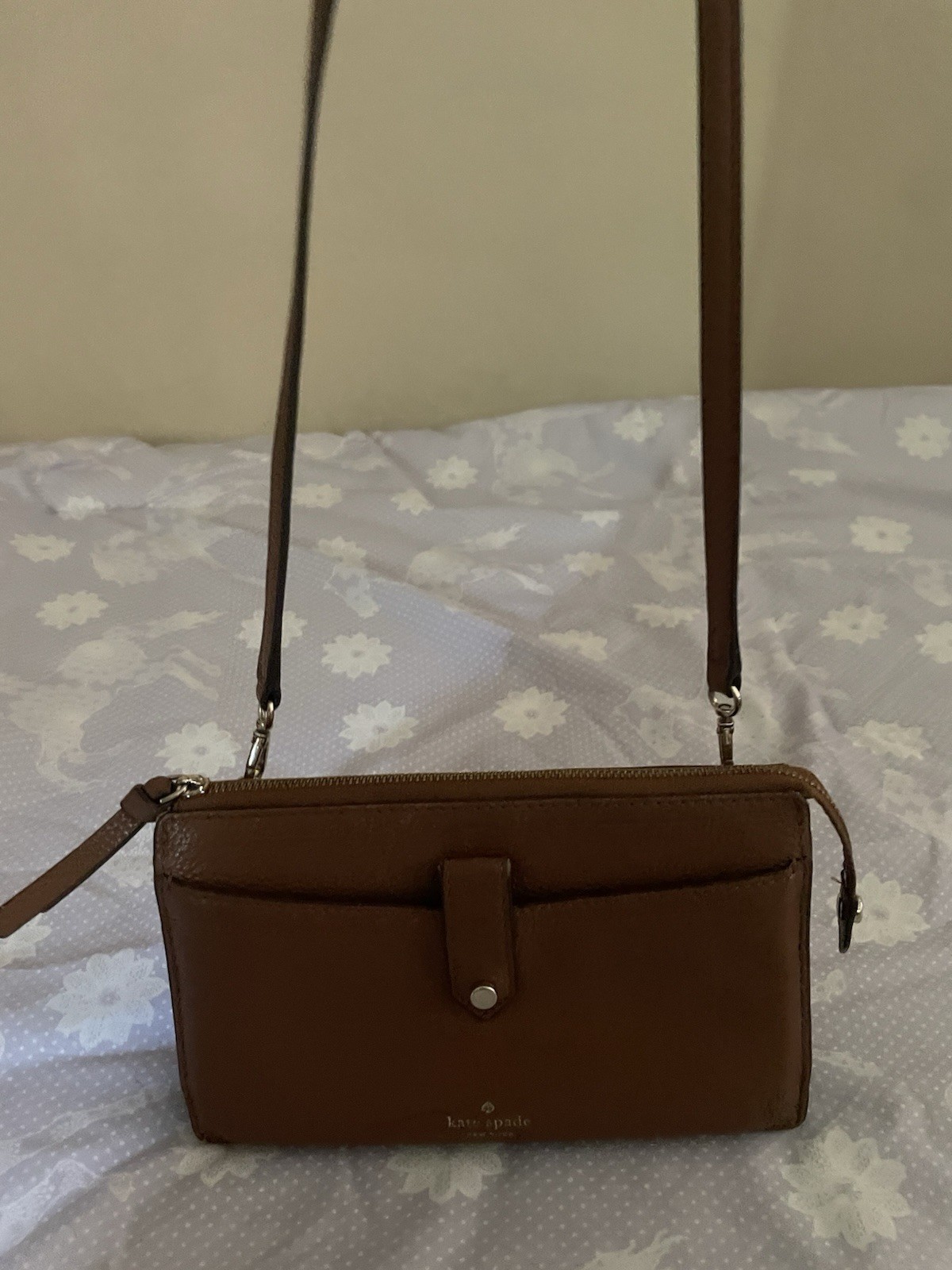 kate spade new york Brown Zip Top Crossbody Detachable Strap Logo Silver