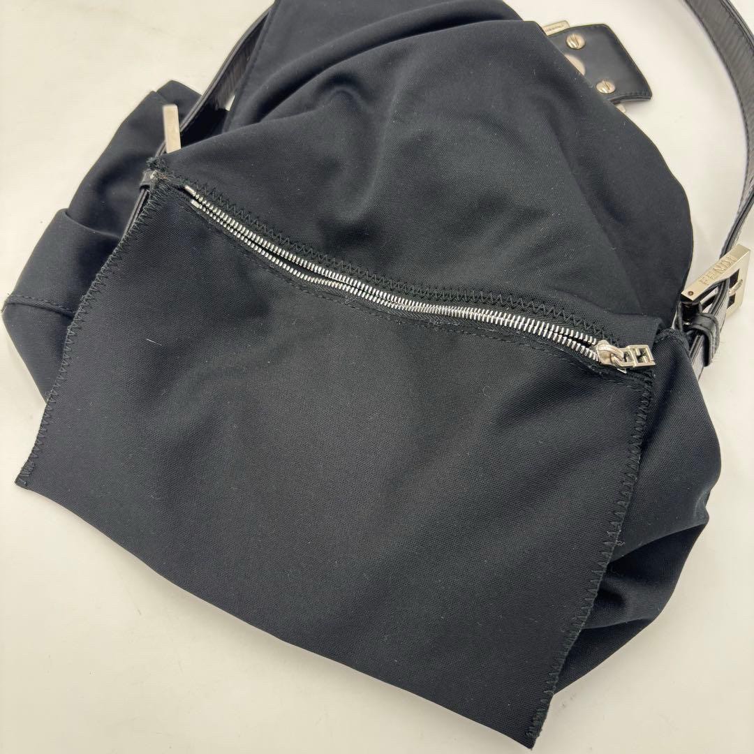 FENDI Mamma Baguette FF Logo Black Cotton Jersey Leather Shoulder Bag Auth Good