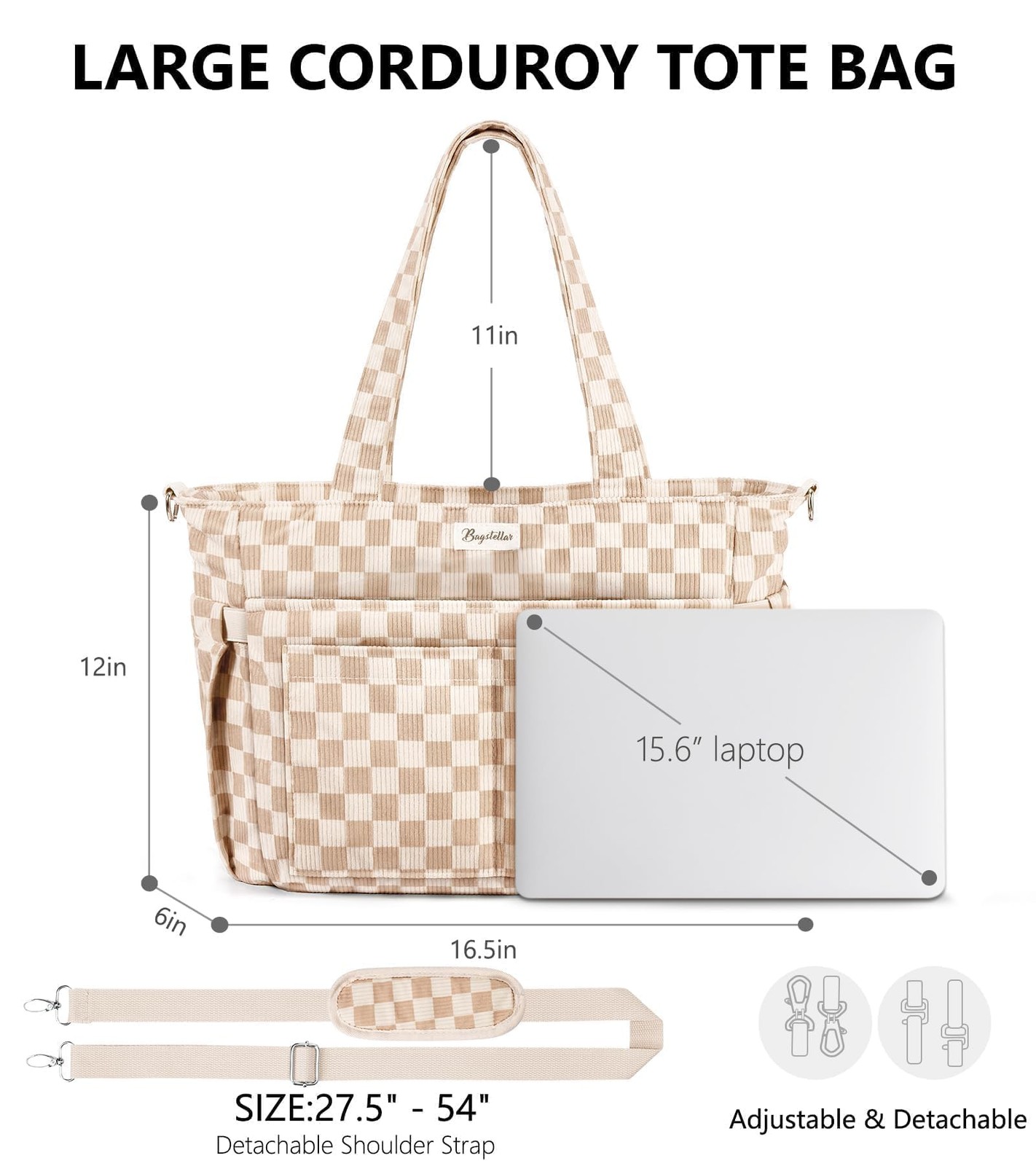 Bagstellar Corduroy Tote Bag for Women, 17 Pockets Laptop Work Tote Bag Lightwei
