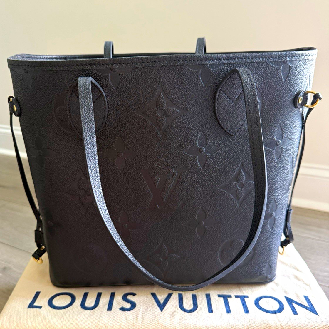 Louis Vuitton Empreinte Giant Monogram Neverfull MM Tote Black Pouch Dust