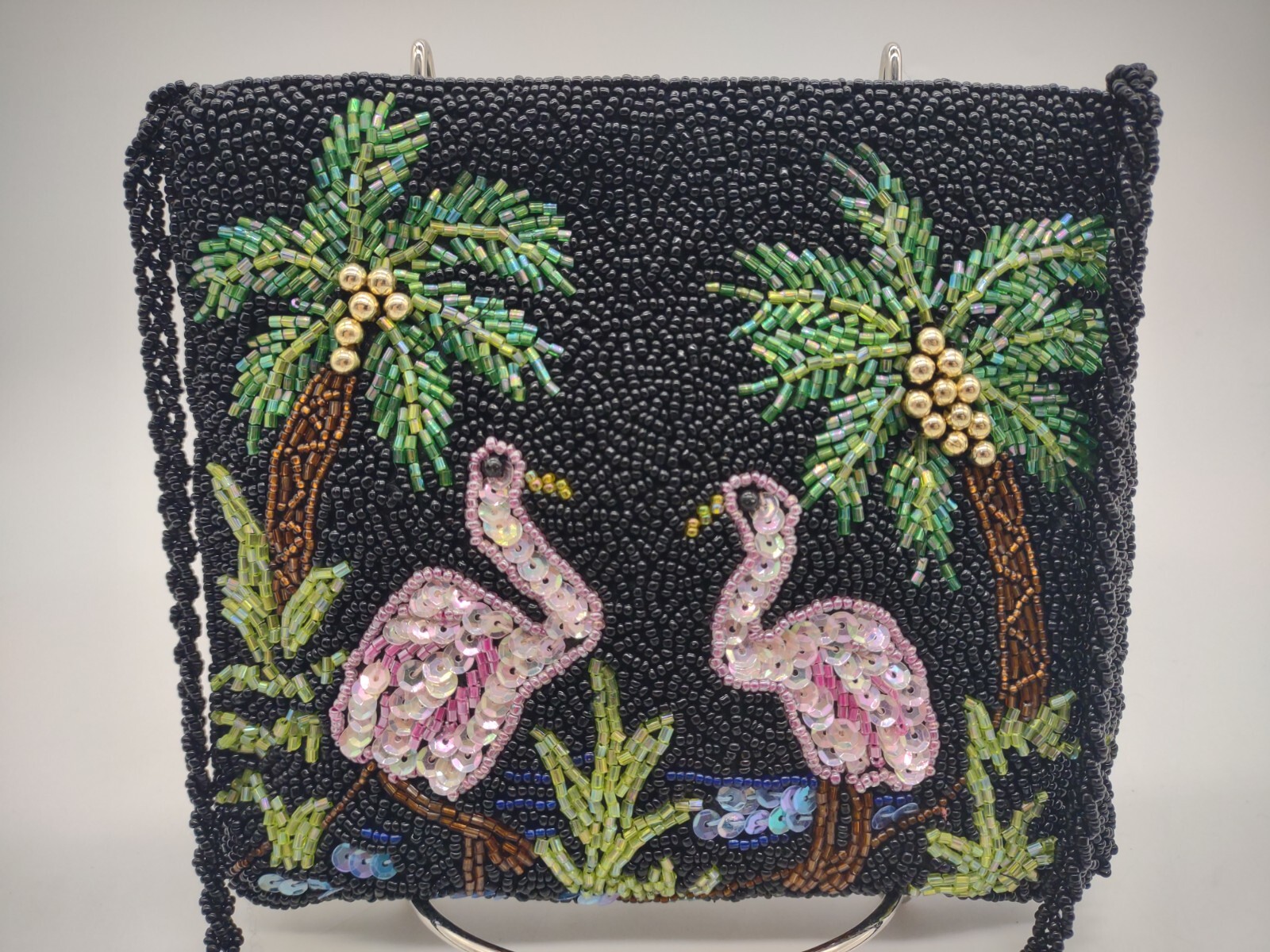 Indeed Fully Beaded Coin Purse Wallet Yellow w Pink Flamingo