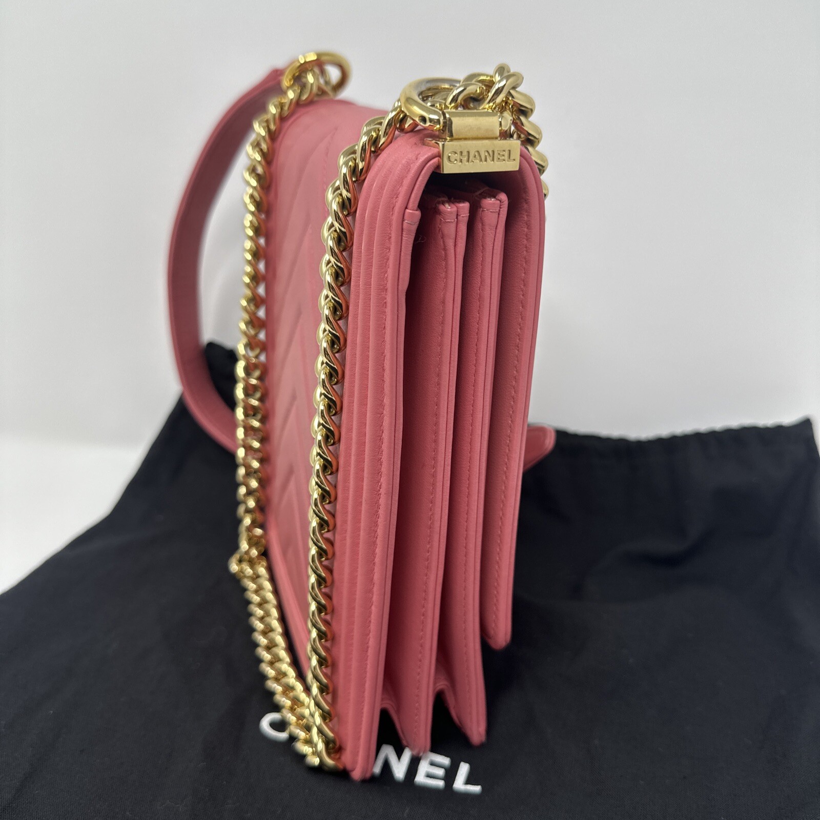 CHANEL NORTH SOUTH CHEVRON LE BOY LEATHER FLAP PINK