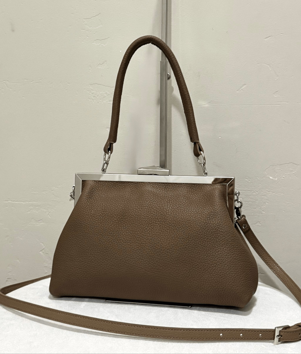 Khaki Handmade Togo Cowhide Calfskin Metal Frame Handbag Includes 3 Straps