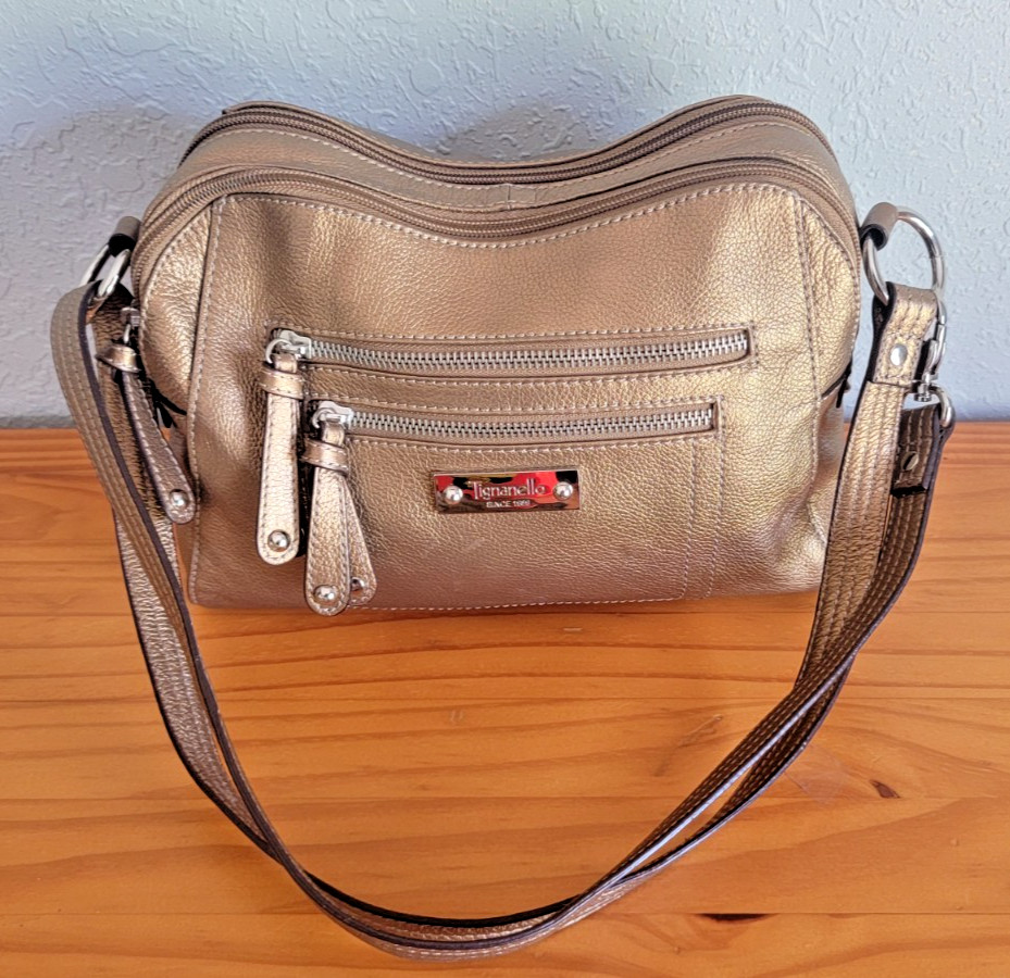 Tignanello Metallic Old Gold Pebbled Leather Crossbody Bag Purse Multi Pocket