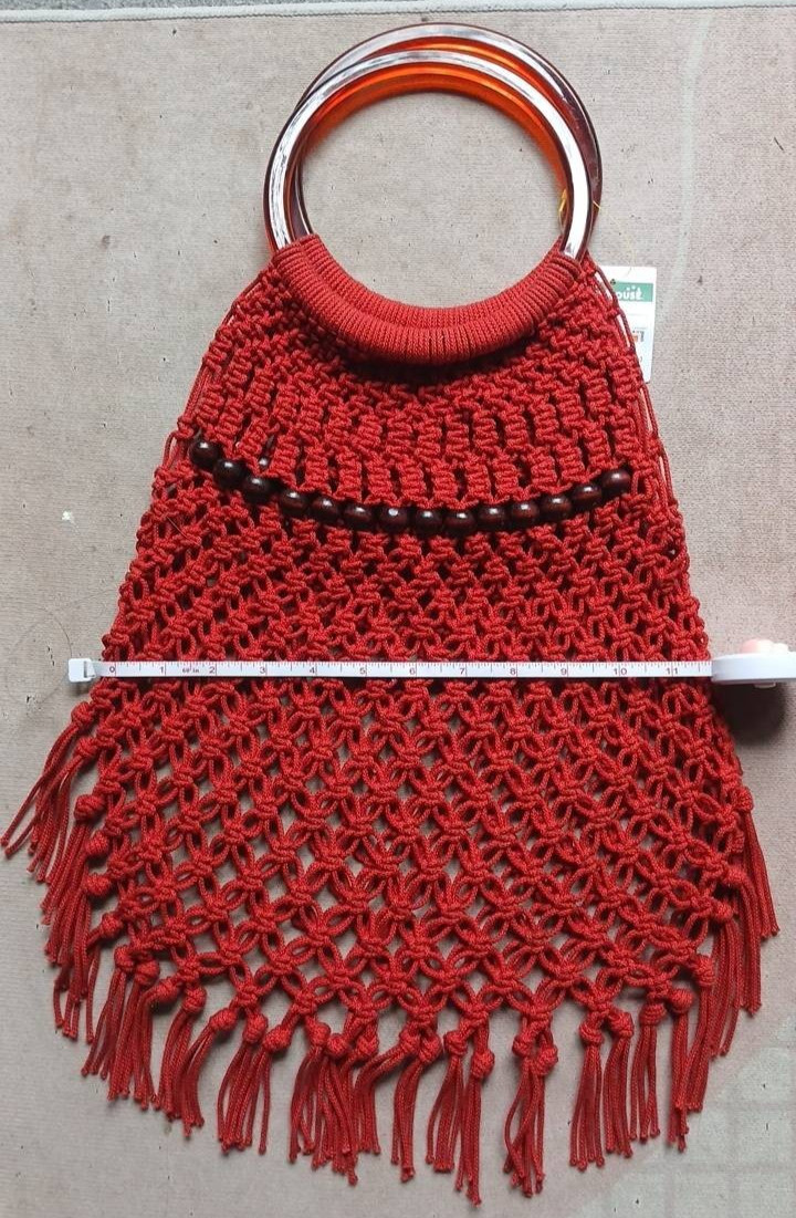 Vintage Macrame Tote Bag Brick Red Ring Handles Wooden Beads Fringe Retro Boho