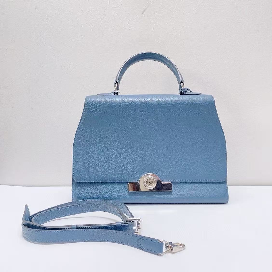 Moynat Rejane Large Blue Leather Top Handle Shoulder Crossbody Bag 30cm Silver