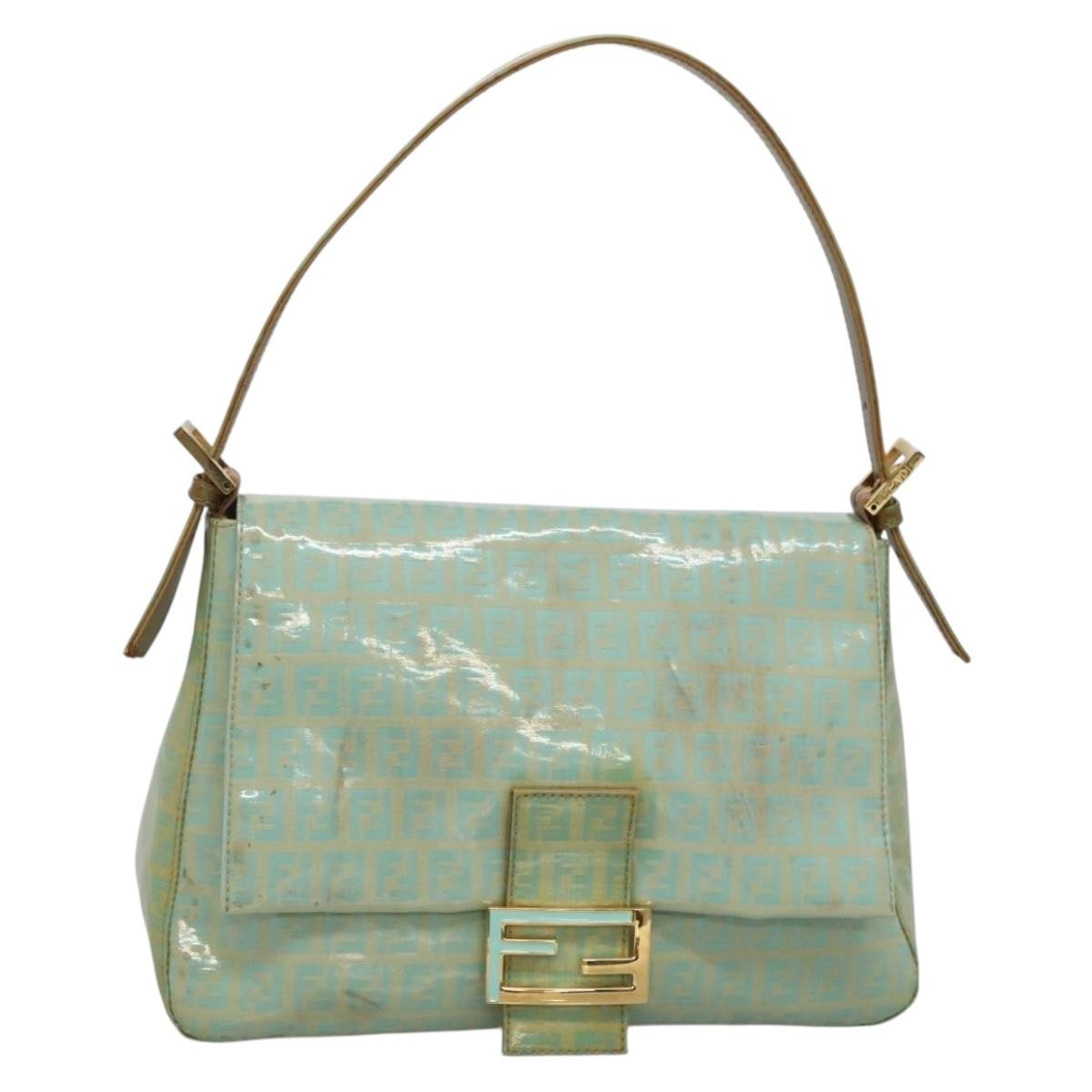 FENDI Zucchino Canvas Mamma Baguette Bag Enamel Peppermint Gold Auth 140635A