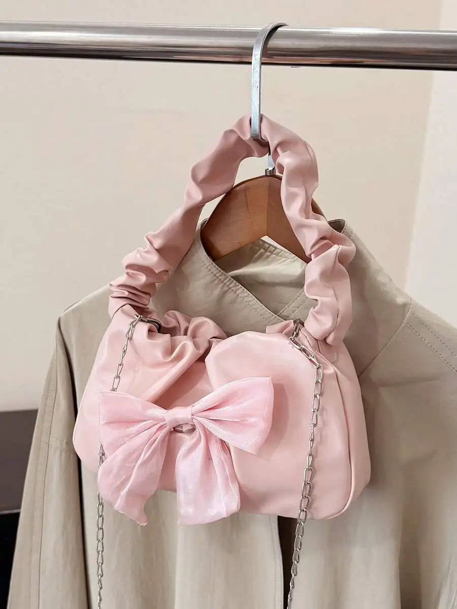 Women’s Bow Pleated Chain Shoulder Bag Elegant Fashion Purse Beach Handbag