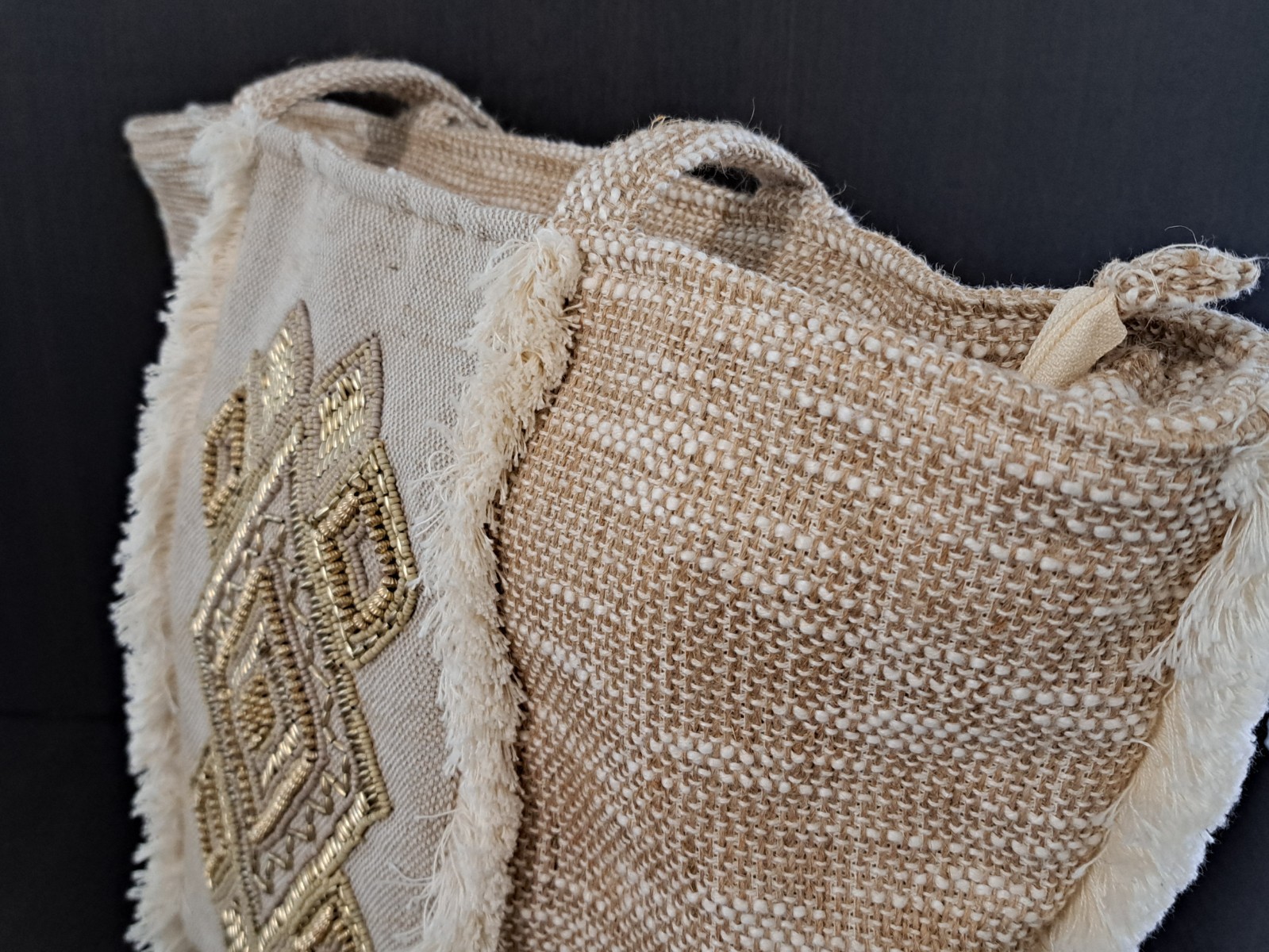 Antik Kraft Large Boho Tote Bag w/ Beads, Cotton+Jute Resort Beach Travel Purse