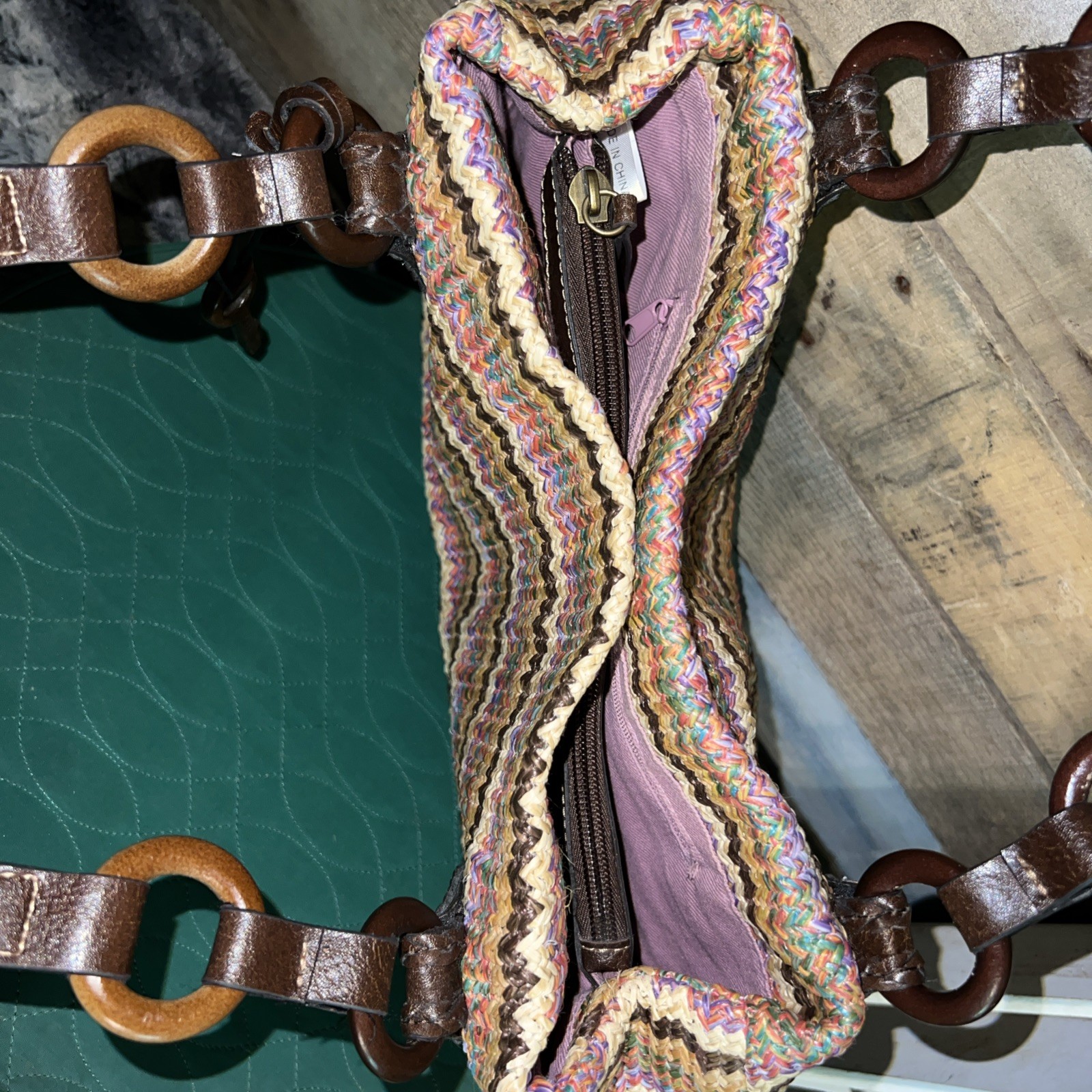 Vintage Fossil Multi Zig Zag Straw Woven Shoulder Hobo Bag Boho Multicolor Y2K