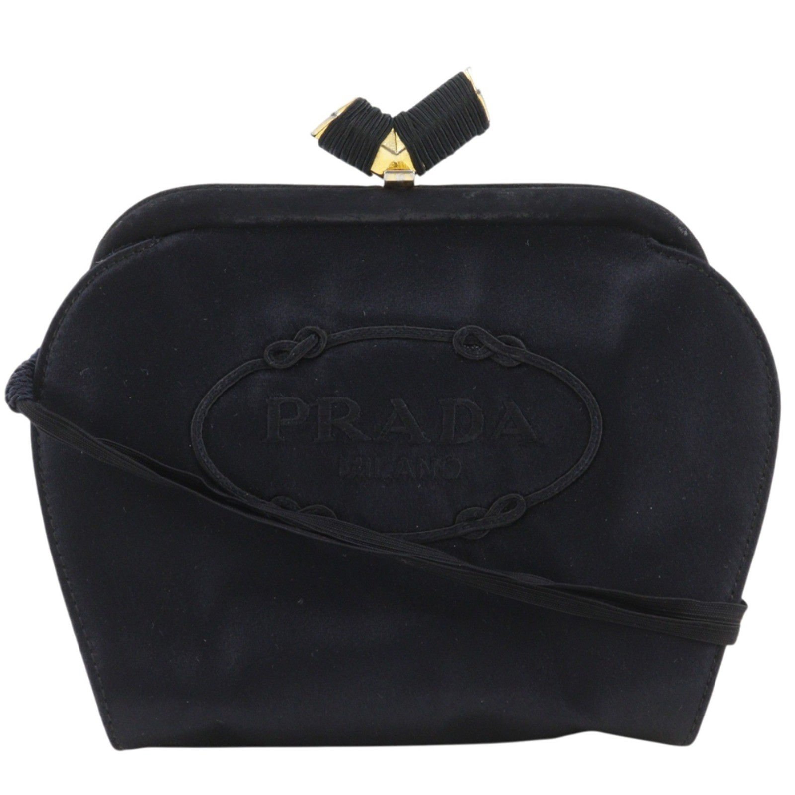 PRADA Gamaguchi 2-way clutch logo Shoulder Bag black Satin Women