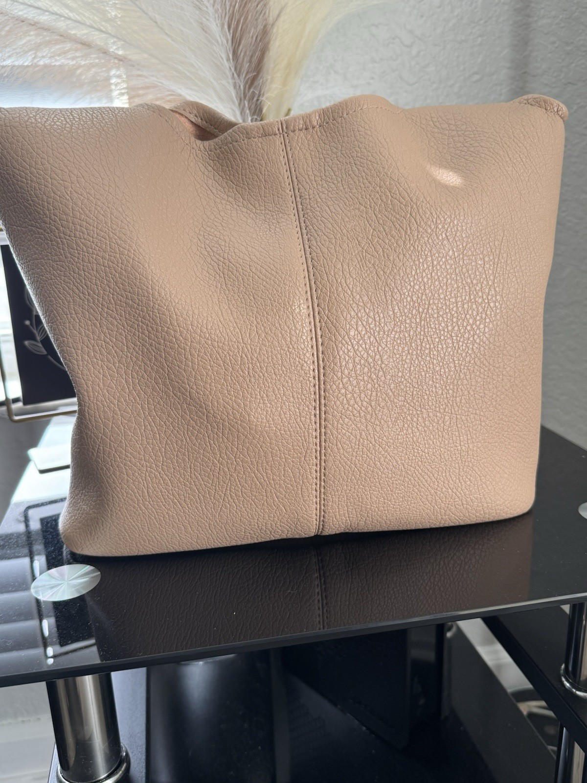 Beige Shoulder Bag with Knotted Strap Pebbled Finish Double Handles Women