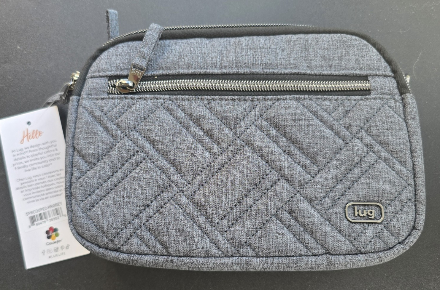 Lug Super Coupe2 Heather Grey 3 Zip Pockets Quilted Crossbody Bag with Strap NEW