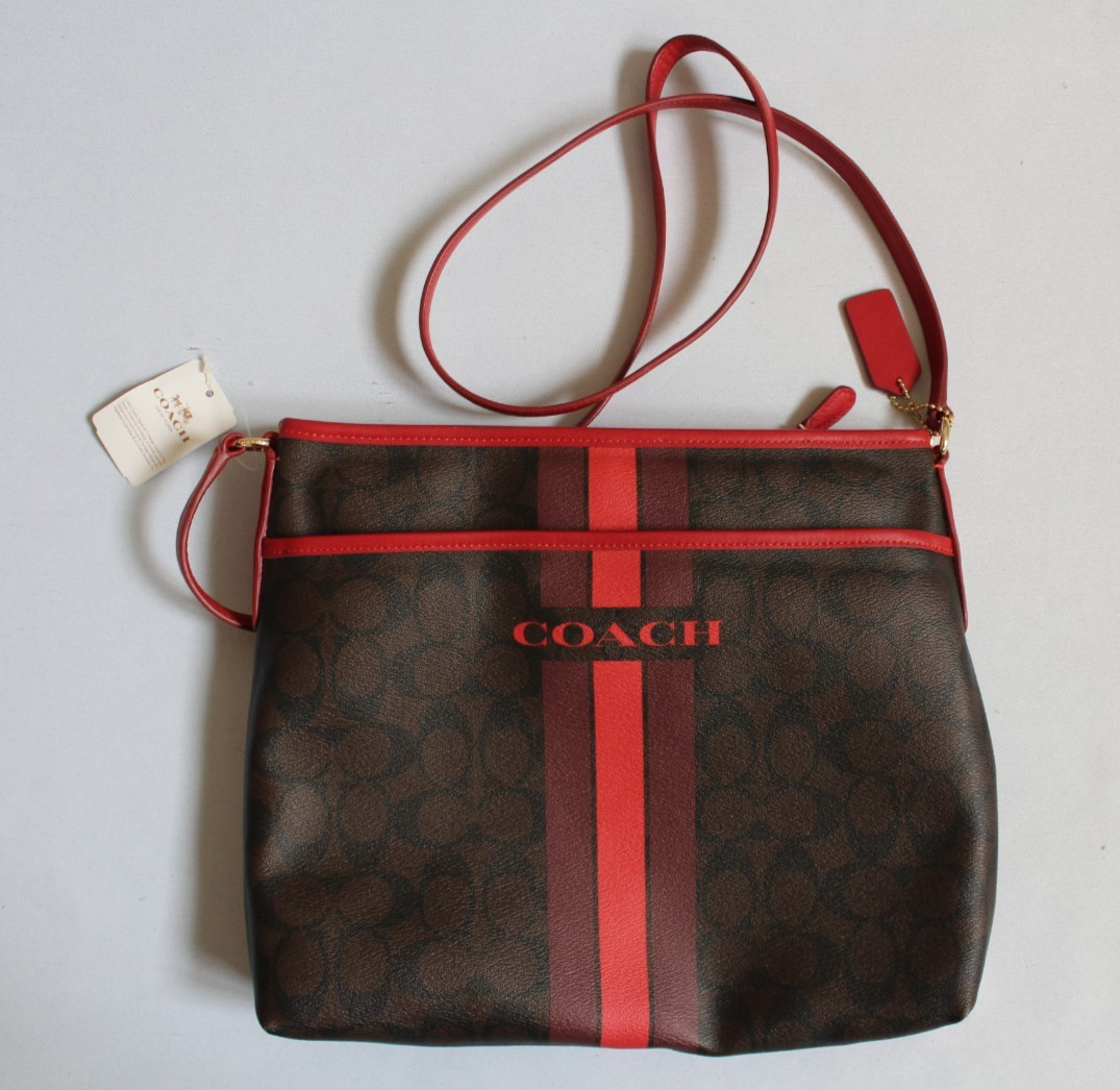 Coach • Signature Varsity Stripe File • Crossbody Bag • Red/Black/Brown •F38402✅
