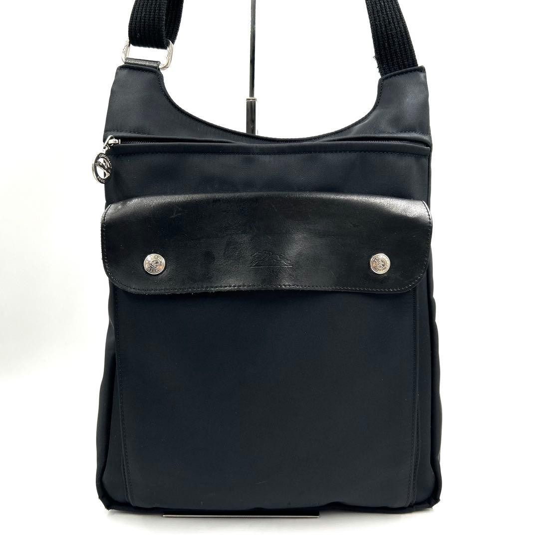 LONGCHAMP Nylon Leather Crossbody Bag Black Auth about 12.20 x 10.24 x 2.95″
