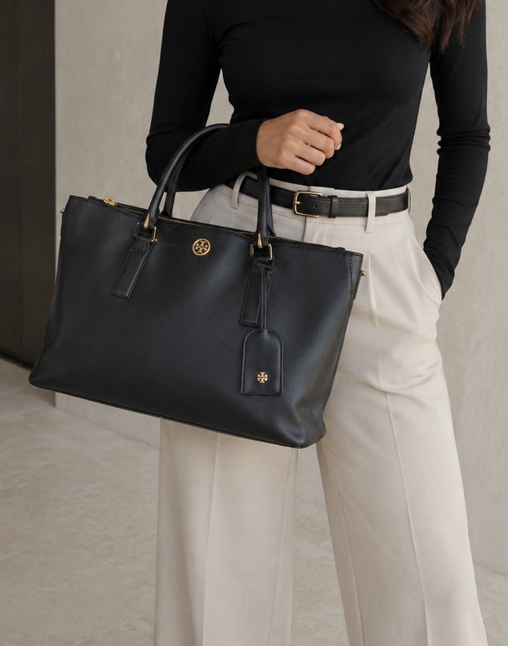 Tory Burch black saffiano leather tote bag large satchel gold hardware
