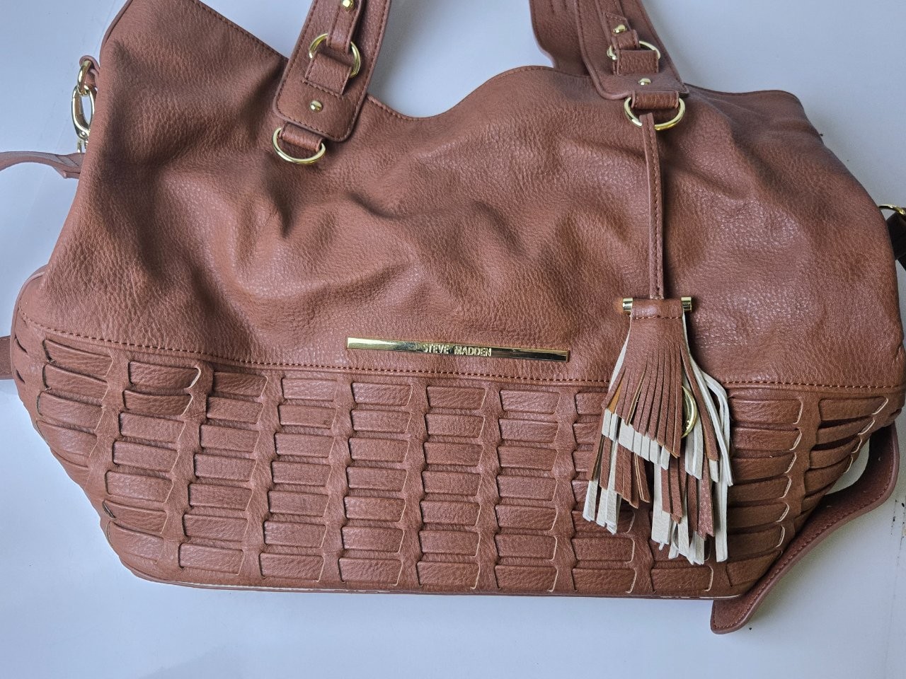 Steve Madden Cognac Brown Woven Accent Tote Bag Tassel Charm Shoulder Bag