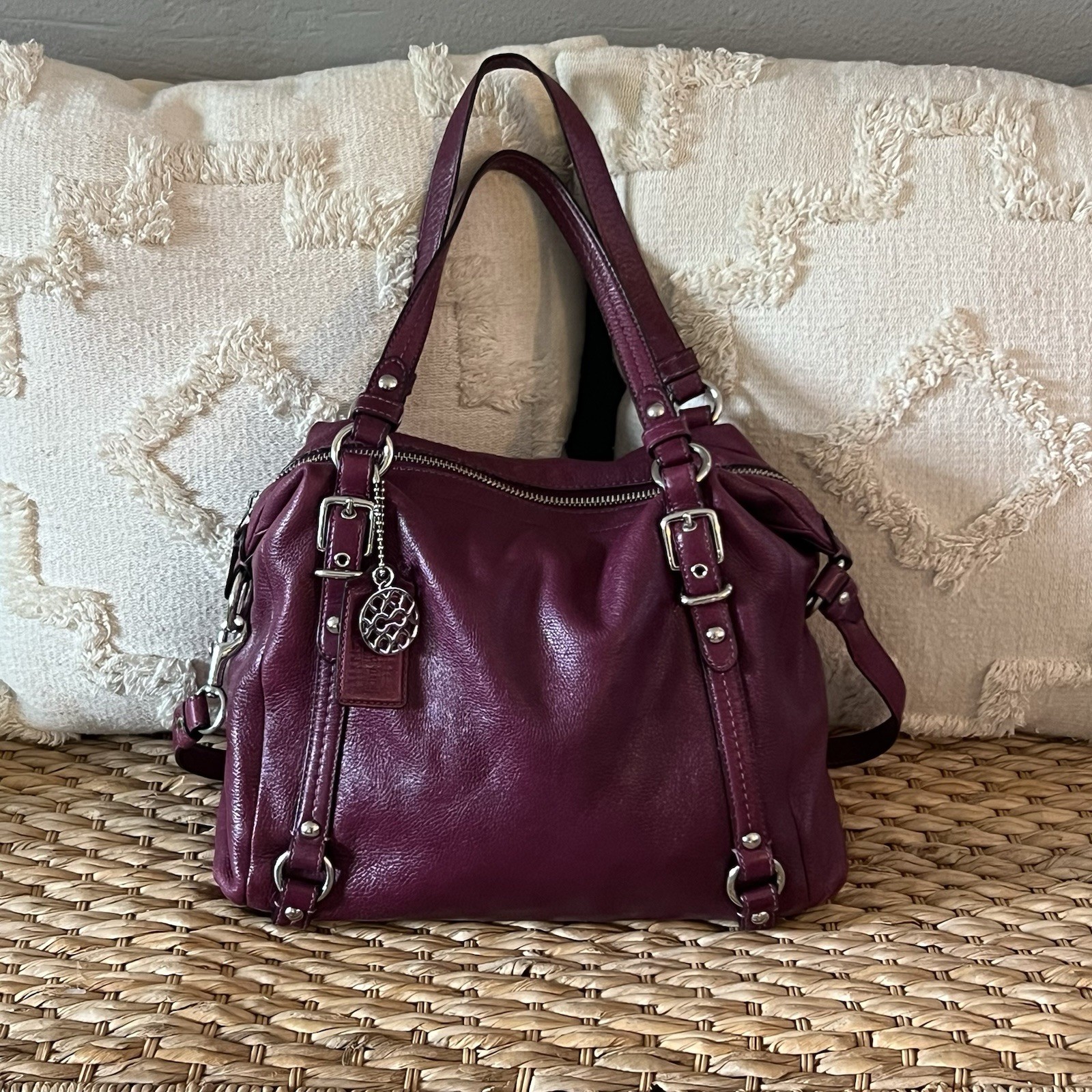 Y2K Coach Alexandra 15273 Plum Purple Leather Satchel Shoulder Bag Purse