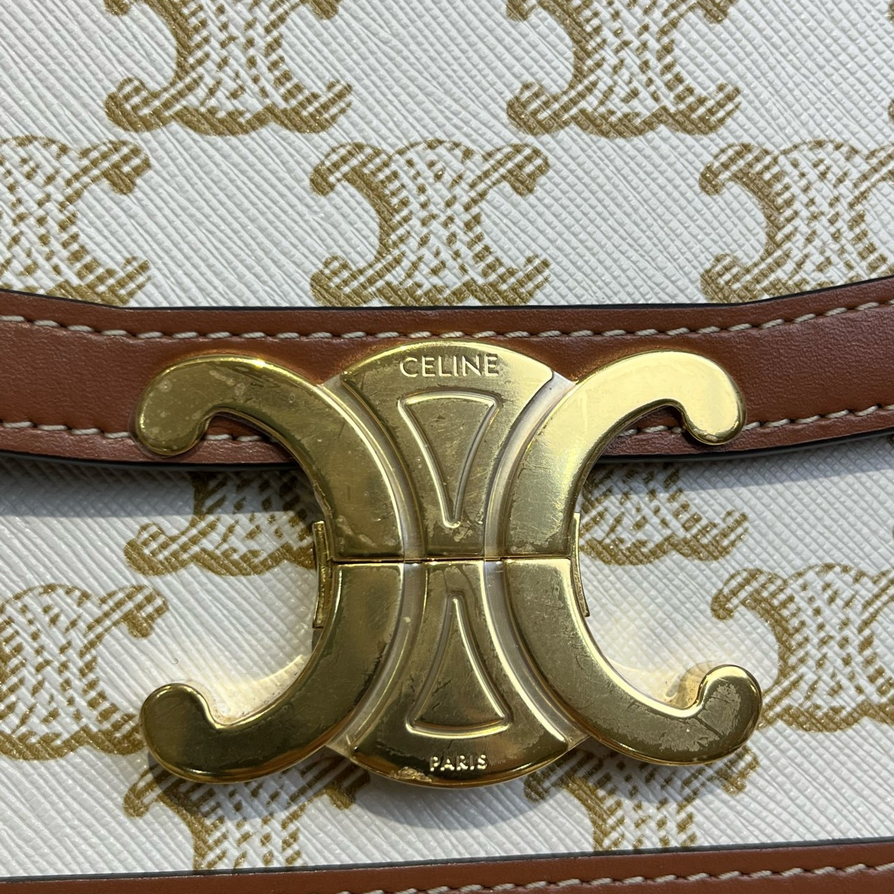 Authentic Celine Teen Triomphe Triomphe Canvas and Calfskin Leather Crossbody