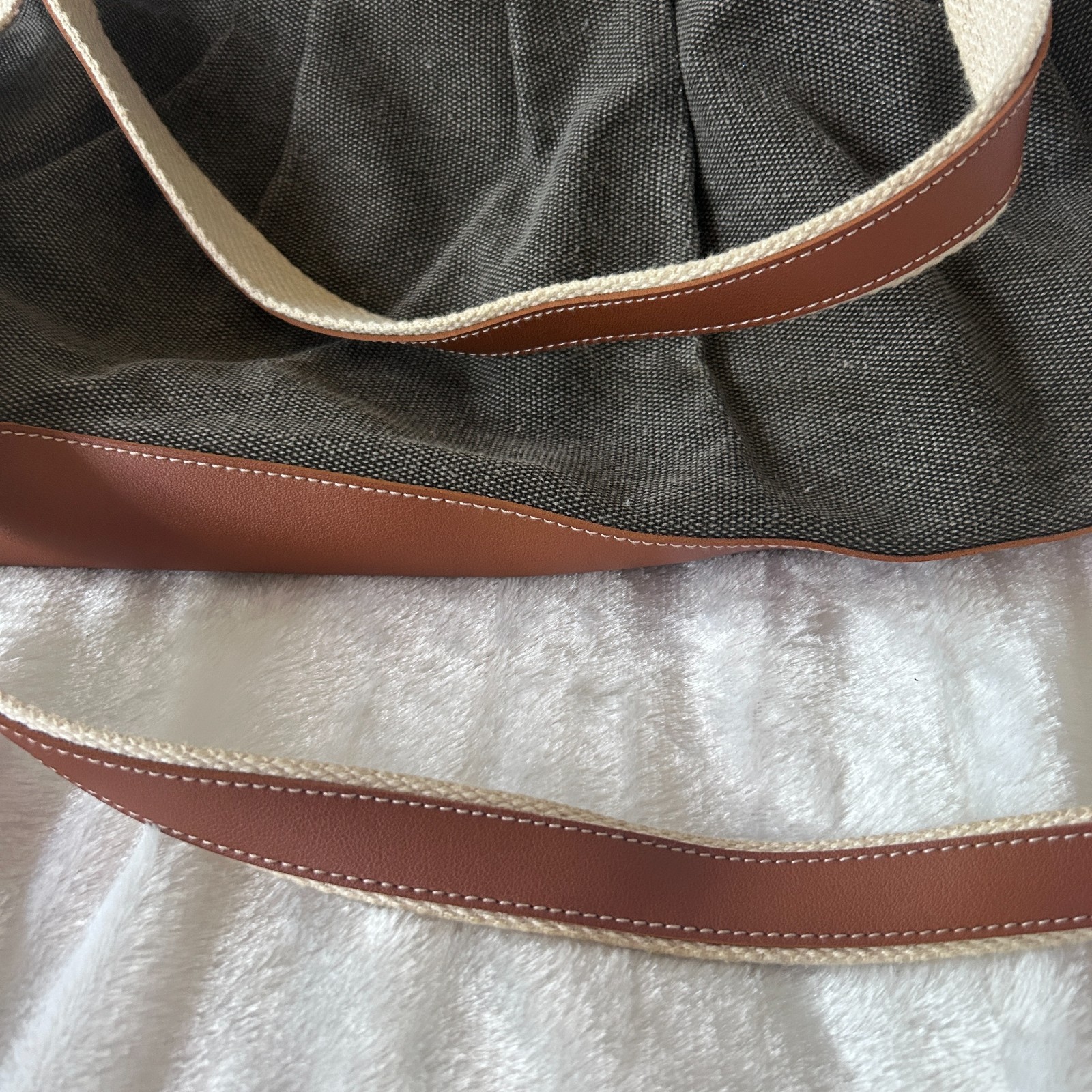 Gray Canvas Boho Bag Crossbody Handbag Zip Closure Gray Beige