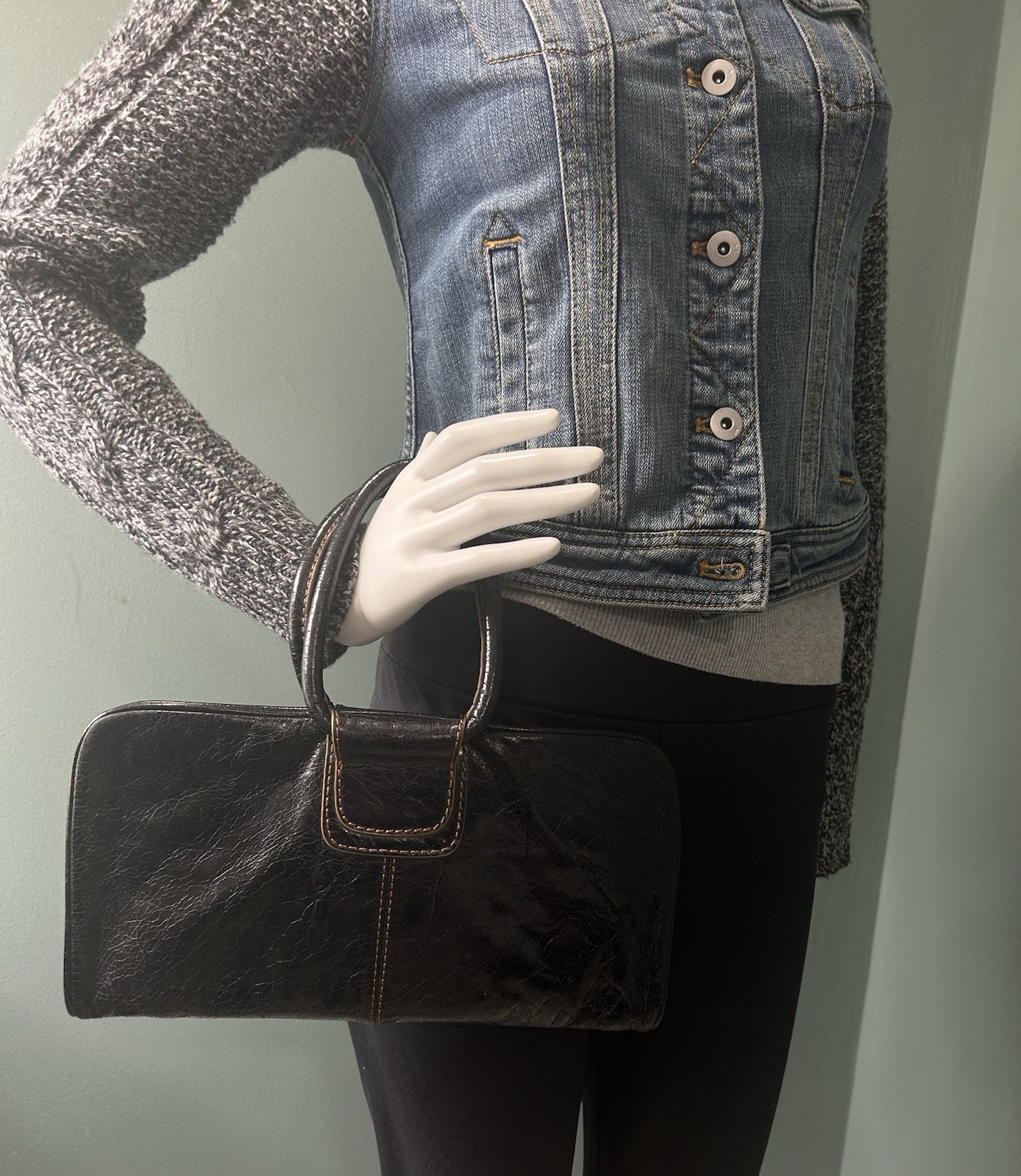 HOBO INTERNATIONAL Black Glazed Leather Sable Clutch Folded Satchel w/Dust bag
