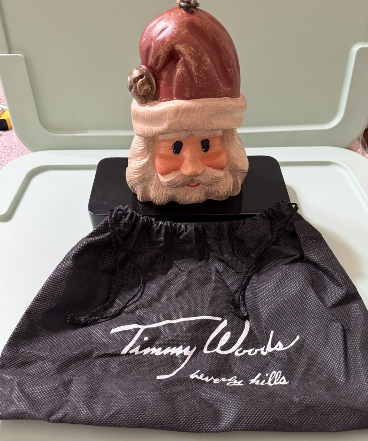 Timmy Woods Beverly Hills Carved Wood Folk Purse Santa Claus SIGNED With Stand