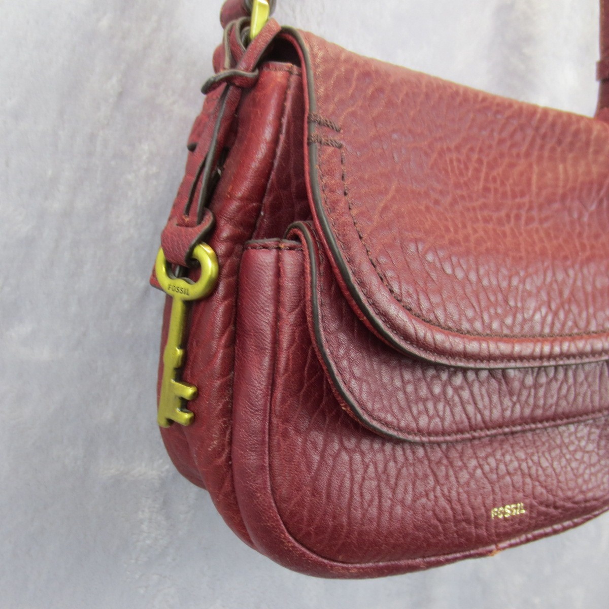 Fossil Peyton Crossbody Purse Wine Pebbled Leather Double Flap Retro Saddle Bag