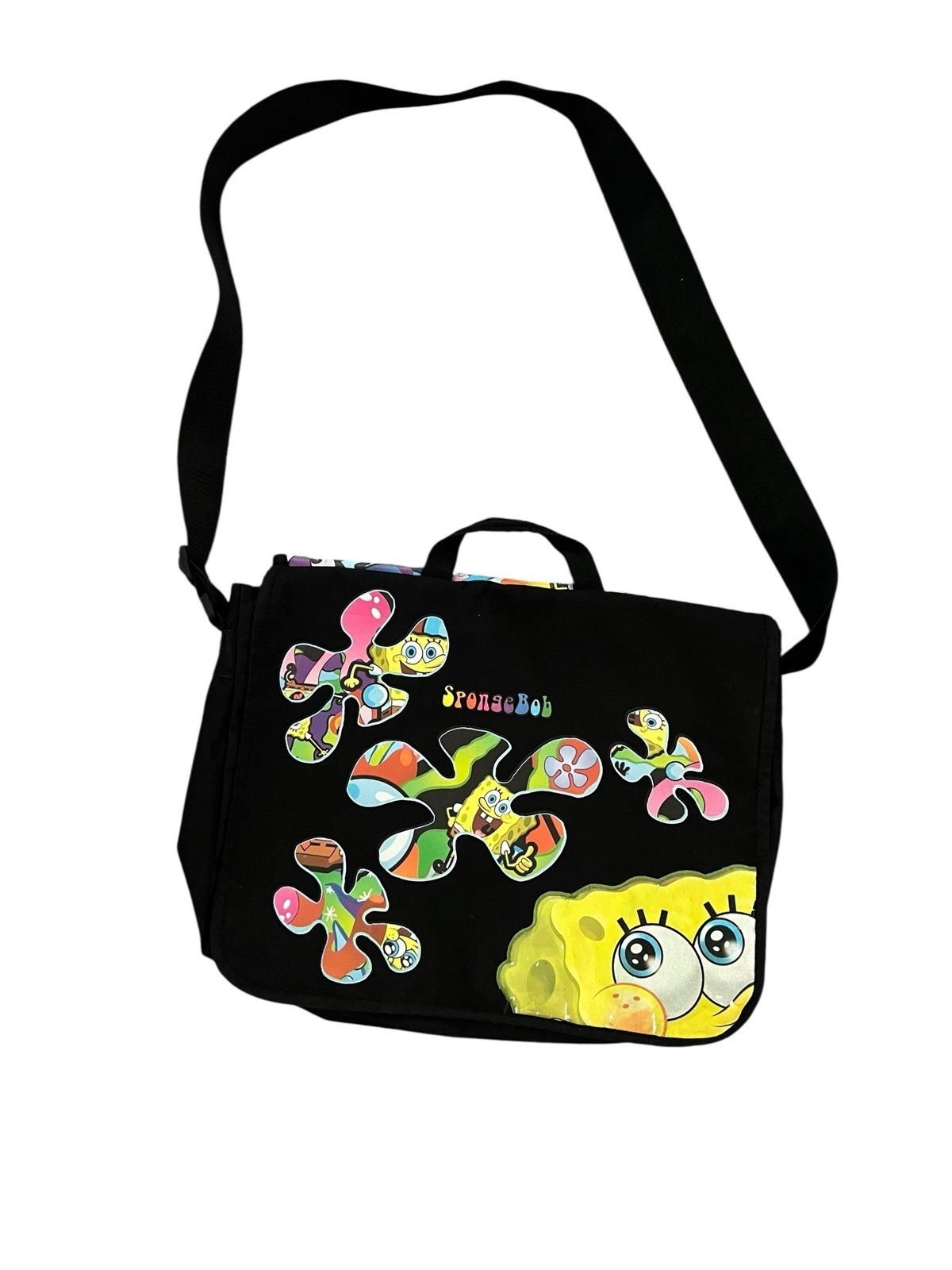 Sponge Bob Unique Messenger Black Bag Front & Back Print 17” X 14” Long Strap