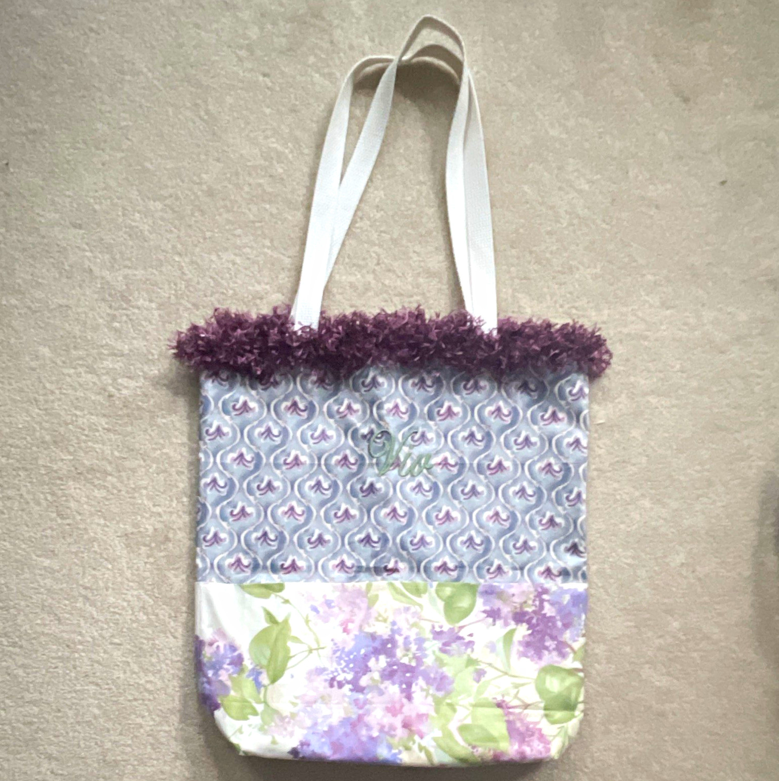 Purple Floral Embroidered Tote Bag White Double Handles, Fringe Trim Open Top