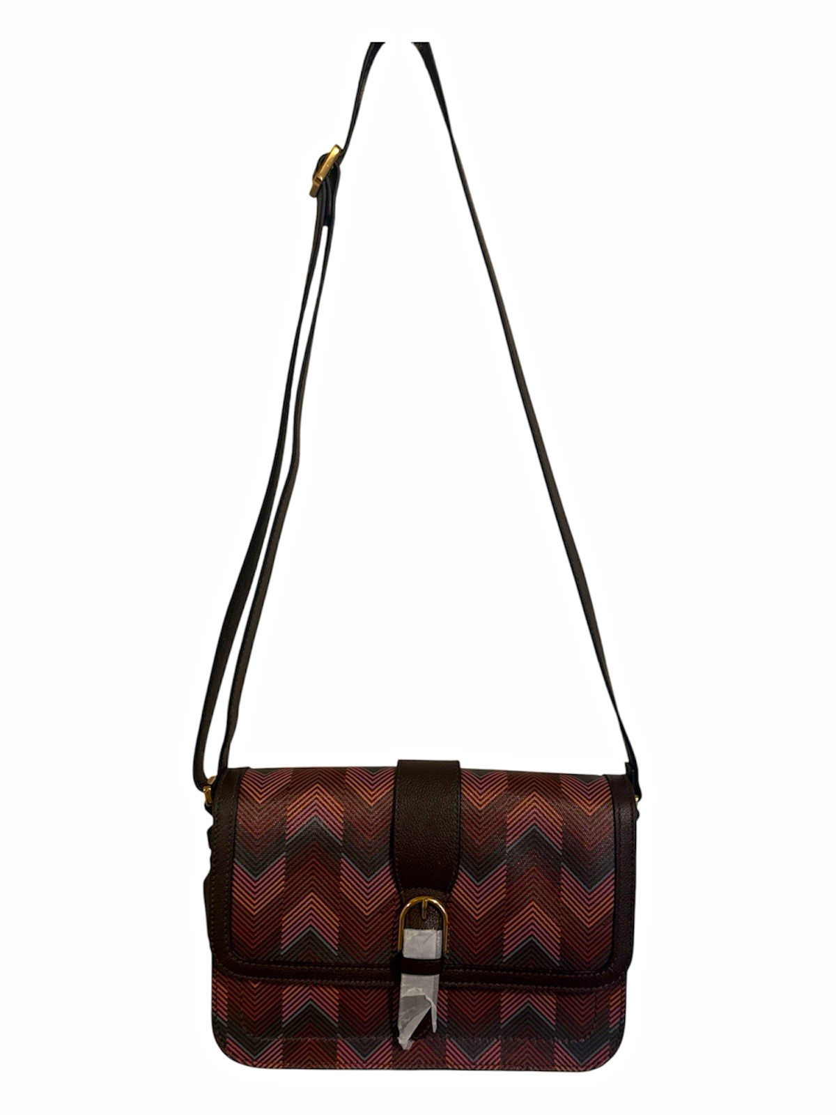 Fossil Chevron Crossbody Bag Brown Black Red Buckle Closure Gold/Silver