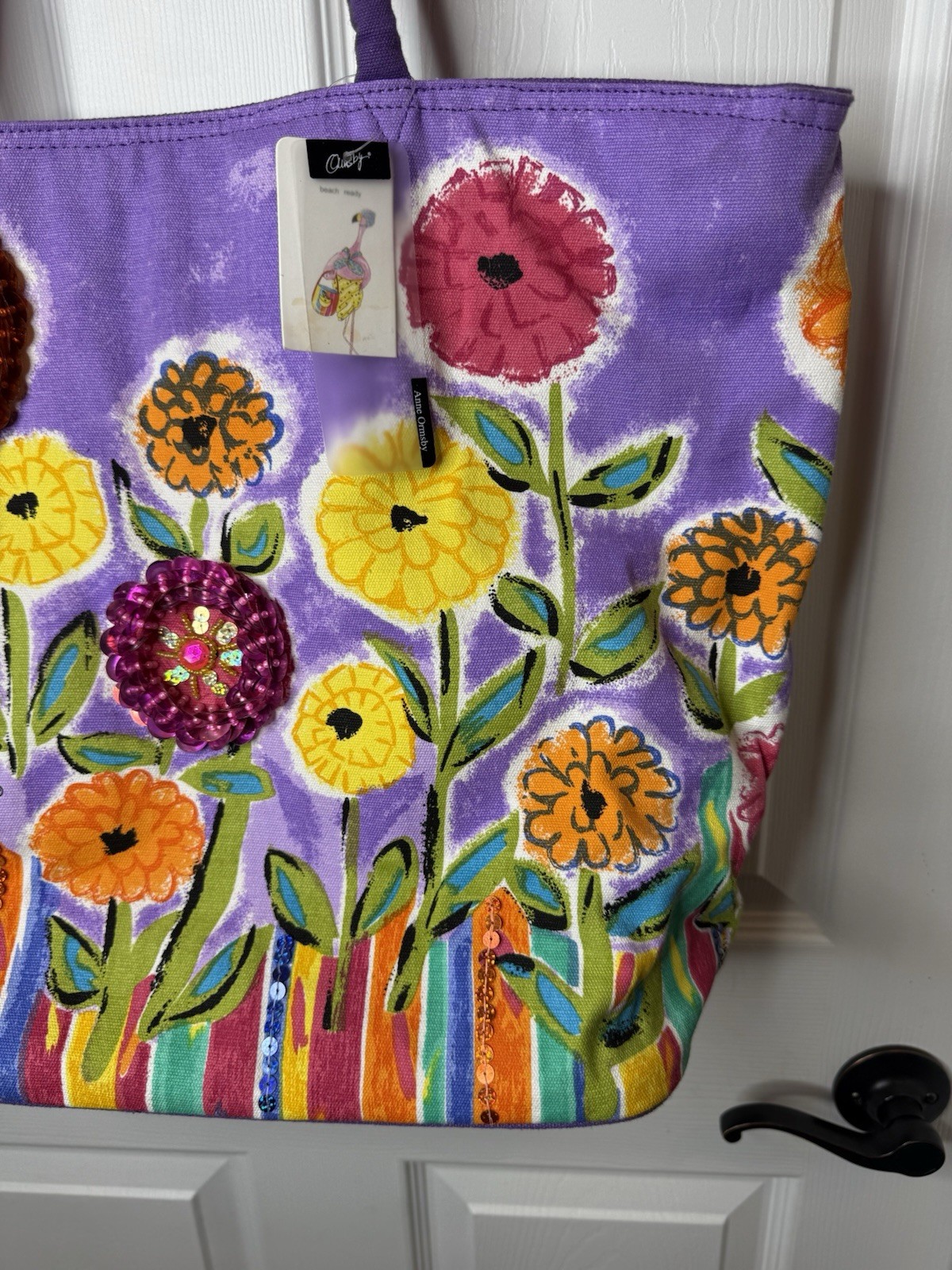 Anne Ormsby Sand & Sun Sequin Flower Theme Tote Beach Bag Charm 18″x 14″ NWT