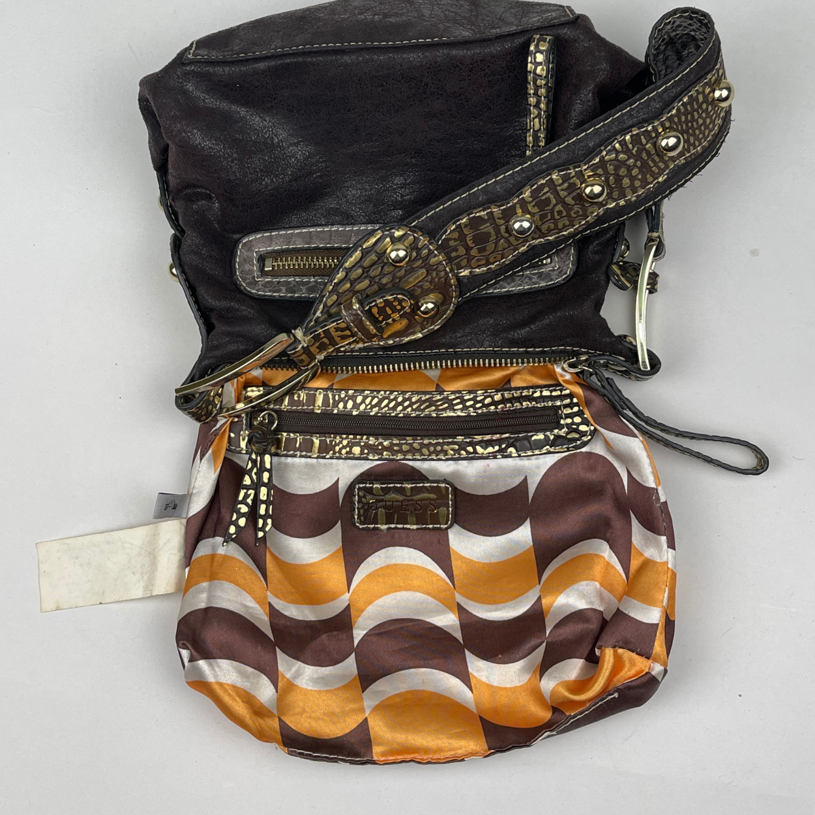 Guess Y2K Dark Chocolate Brown Leather Shoulder Bag Gold Studded Croc Logo Ring