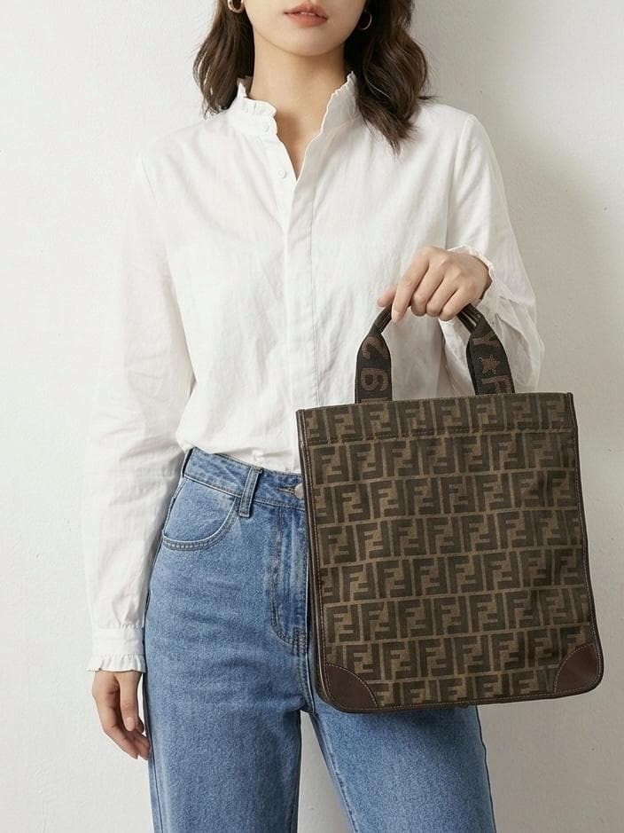 FENDI ROMA 1925 Zucca Pattern Folding Tote Bag 26555 Brown Canvas Leather Women’