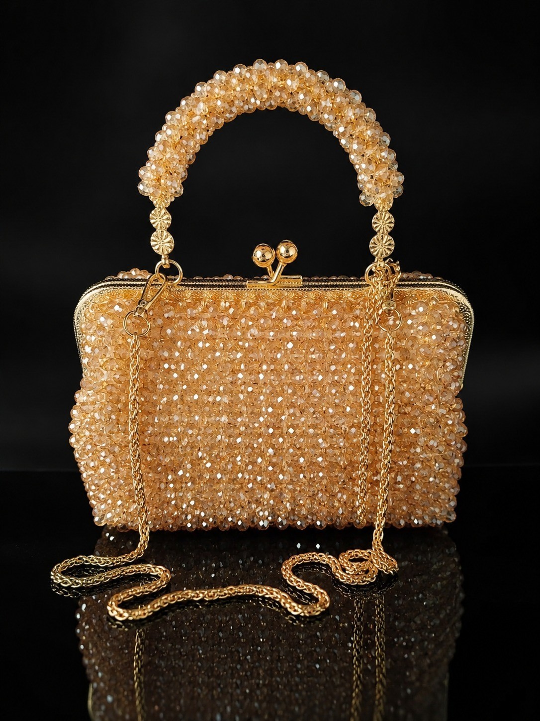 Gold Crystal Beaded Handbag, Handmade Evening Bag, Champagne Wedding Purse, Brid
