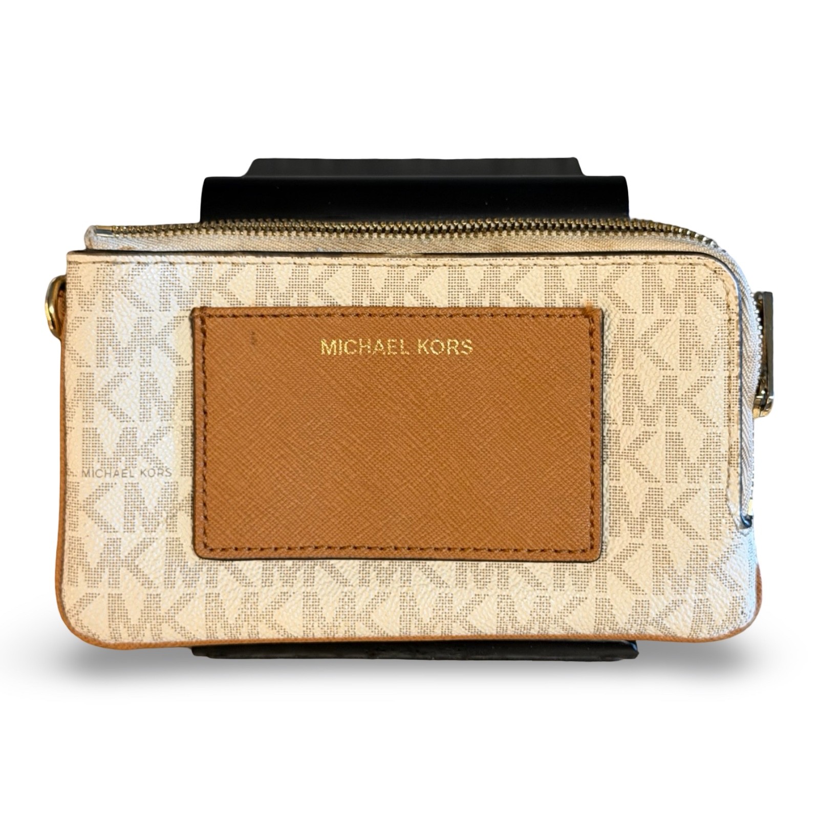 Michael Kors MK Signature Double Zip Wristlet Wallet Clutch Vanilla White