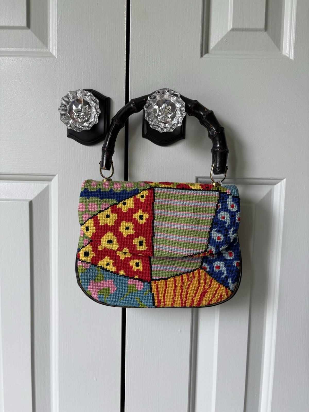Vintage 1960s Floral Needlepoint Patchwork Bamboo Top Handle Carpet Bag Purse