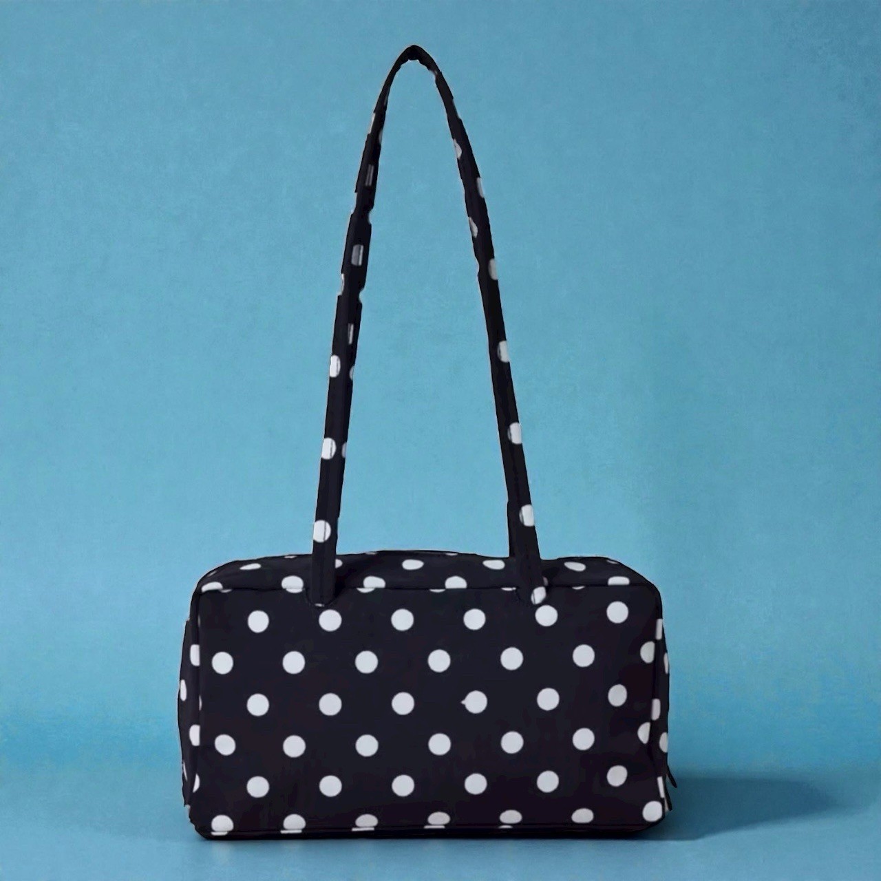 Baggu Regular Nylon Bowler Bag Black with White Polka Dot IN HAND New