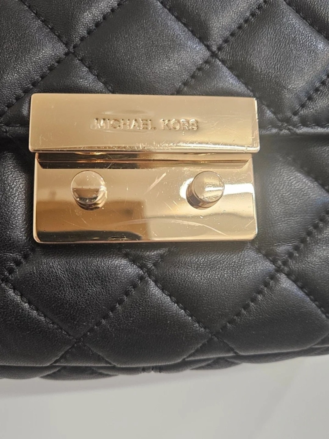 Michael Kors Black Quilted Shoulder Flap Bag W/Gold Chain Strap Turn Lock Medium