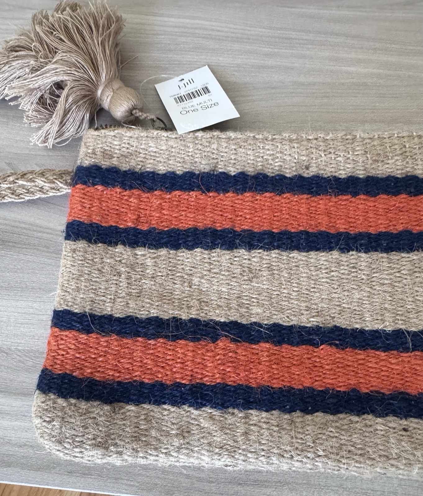 New J. Jill Jute Pouch Bag Case One Size Brown Blue Orange Stripe Tassel $39 NWT