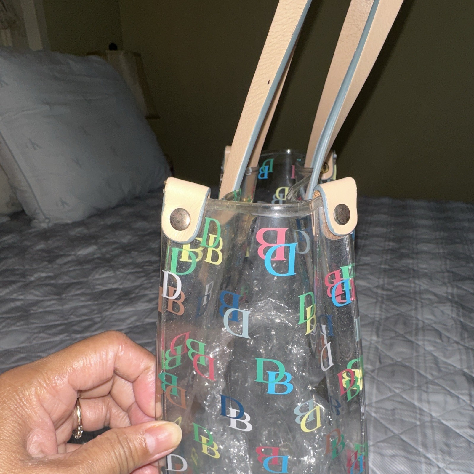 Dooney & Bourke Clear Multicolor Logo Tote, Beige Leather Double Handles