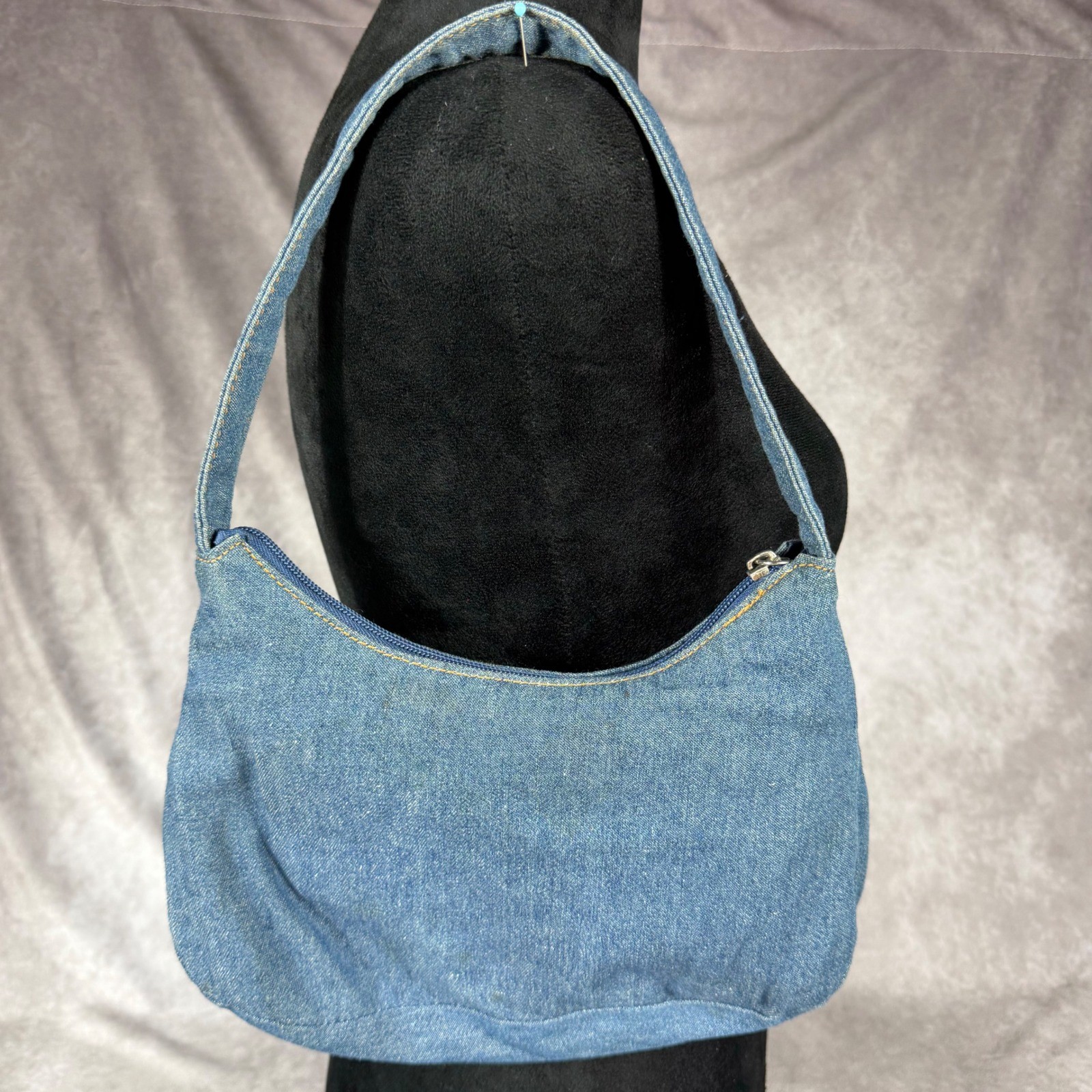 Vtg 90s Y2K Denim Shoulder Bag Studded Paisley Embroidered Baguette Purse Boho